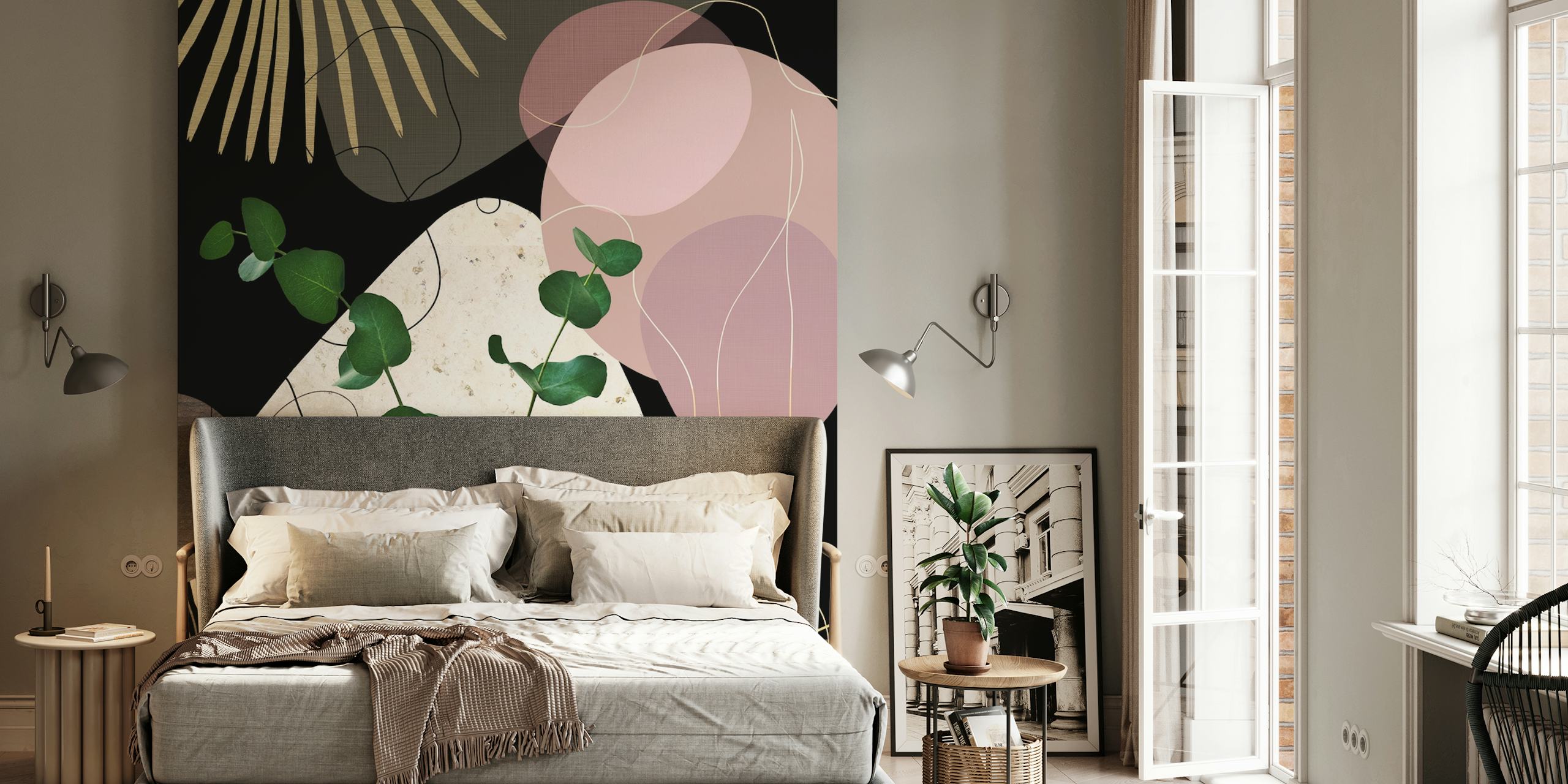 Eucalyptus leaves, pink and gold shapes on black wallpaper