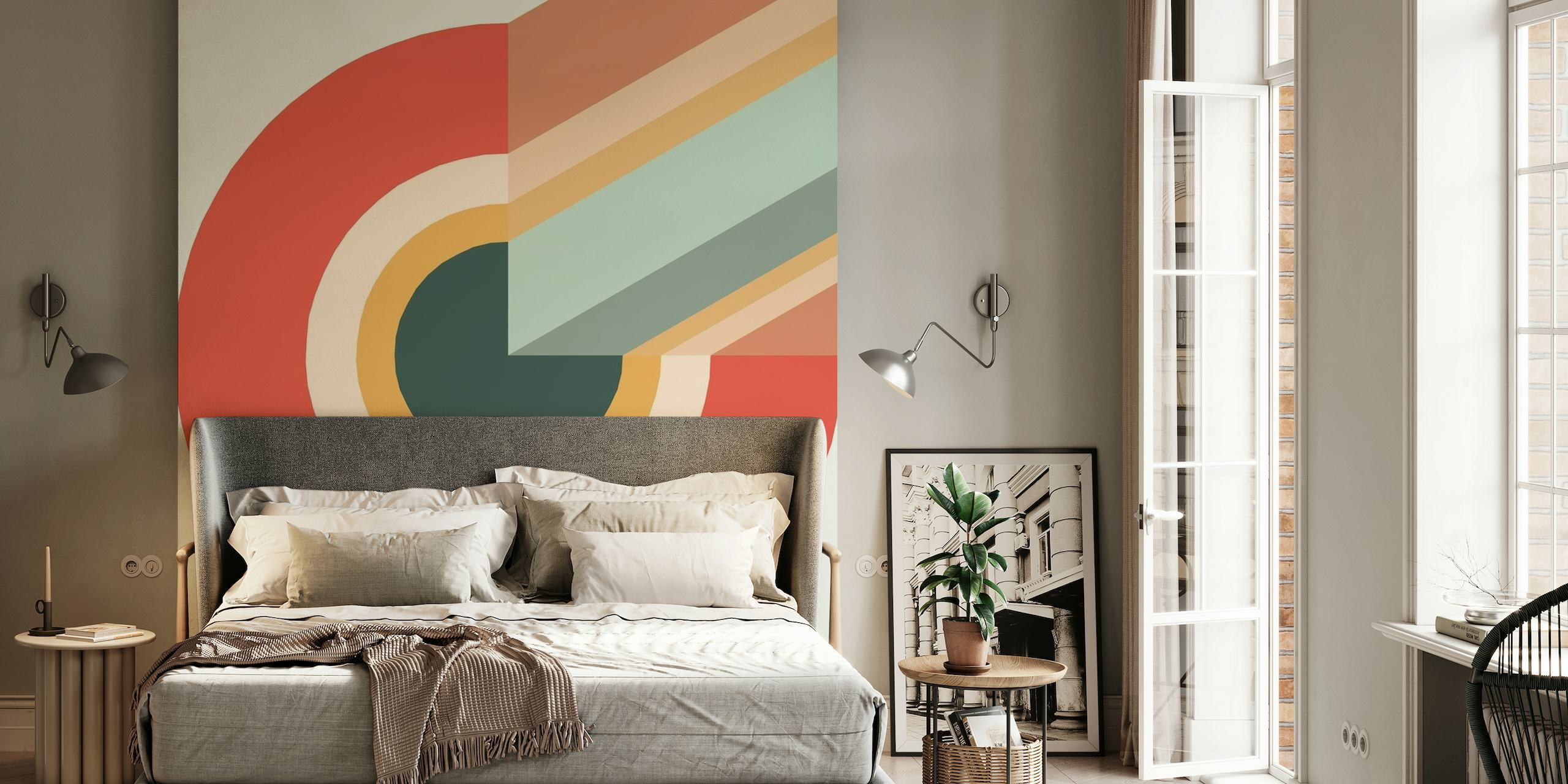 Abstrakt swirl vægmaleri med harmonisk blanding af varme og kølige farver