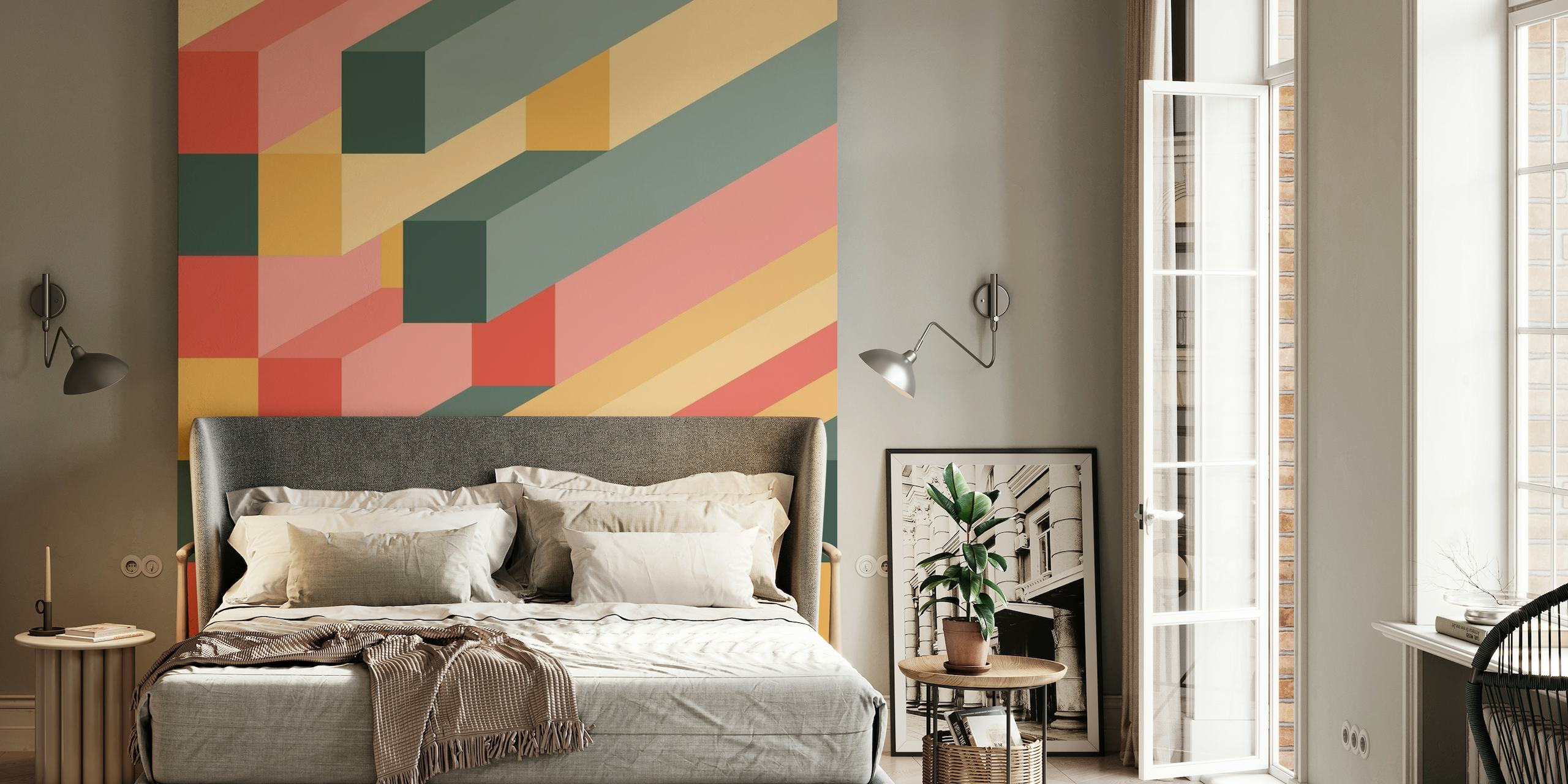 Wandbild mit isometrischen Blöcken und 3D-Würfeln in warmen Farbtönen