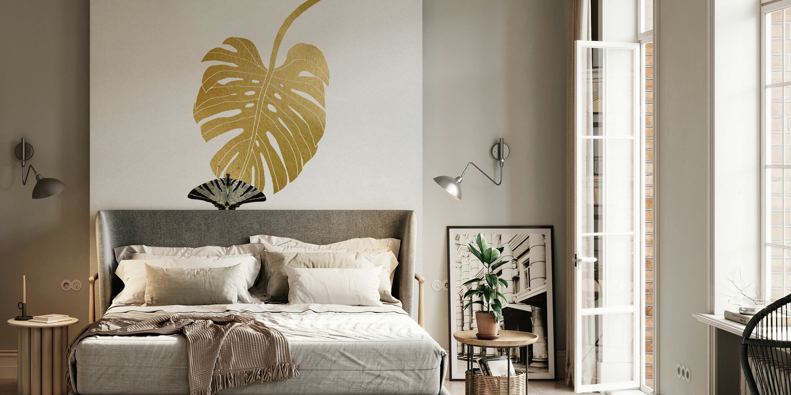 Butterfly and Monstera leaf mural in a room