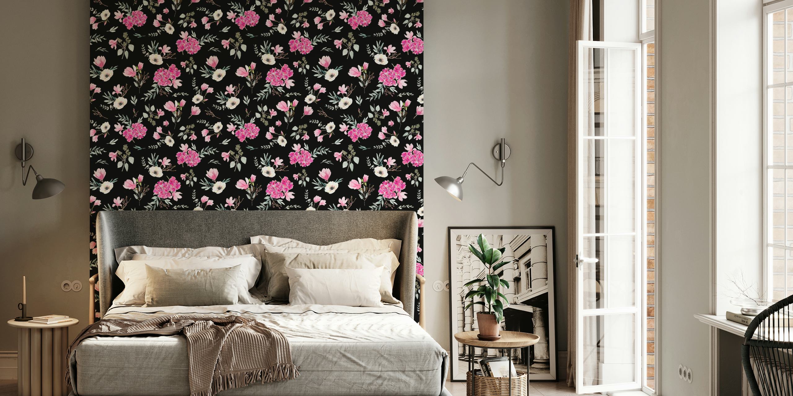 Floral wallpaper in pink and black design