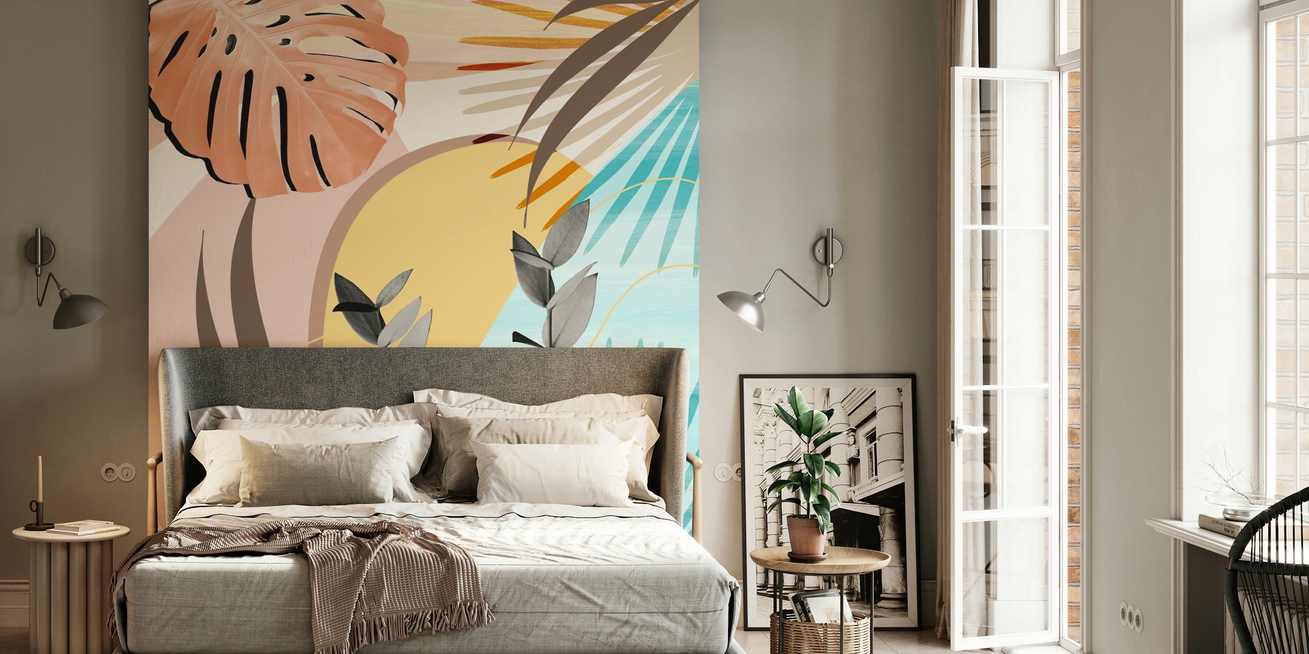 Eucalyptus Tropical Summer Wall Mural with Pastel Abstract Shapes
