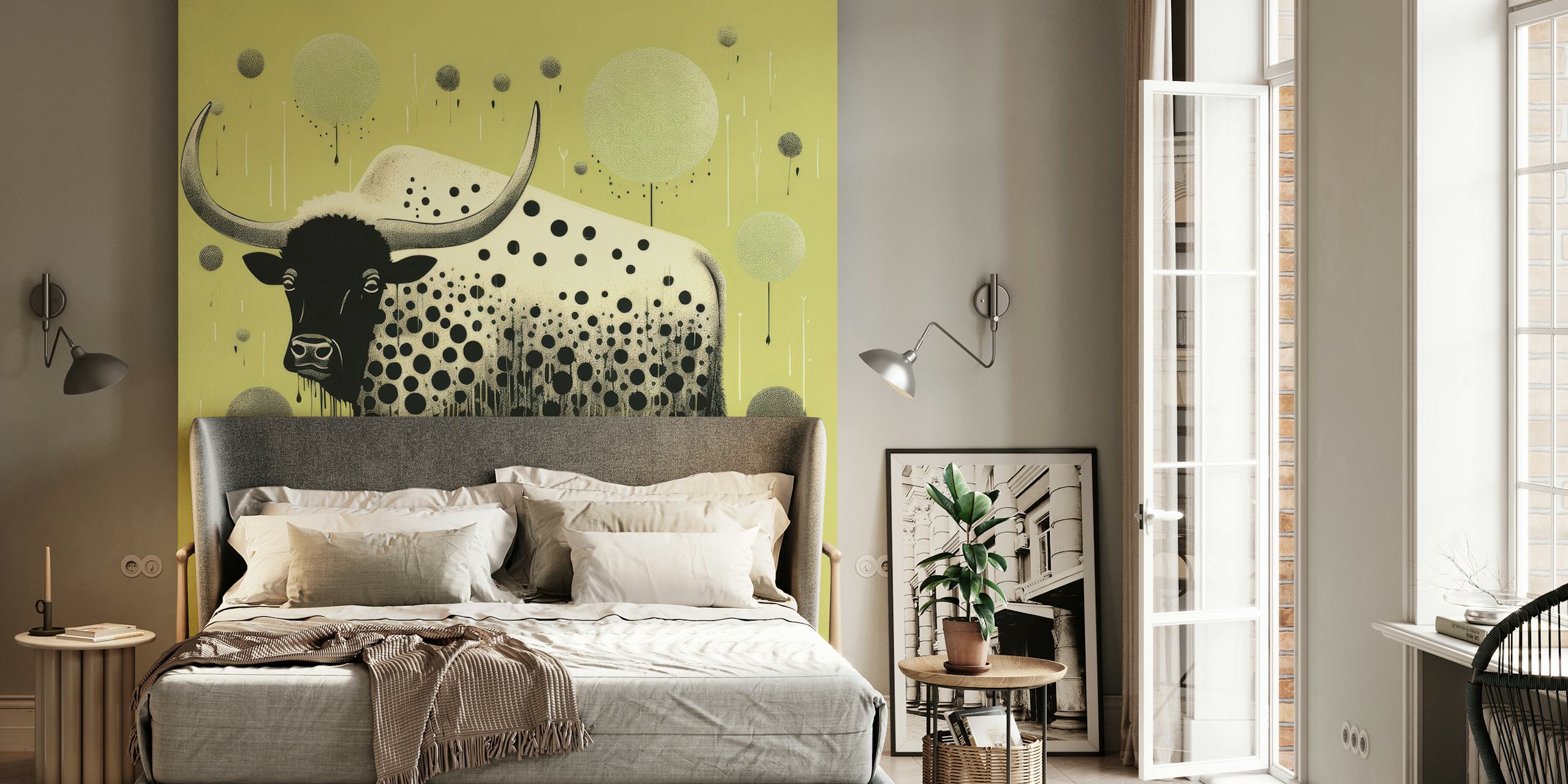 Green bison folk art wallpaper in a room