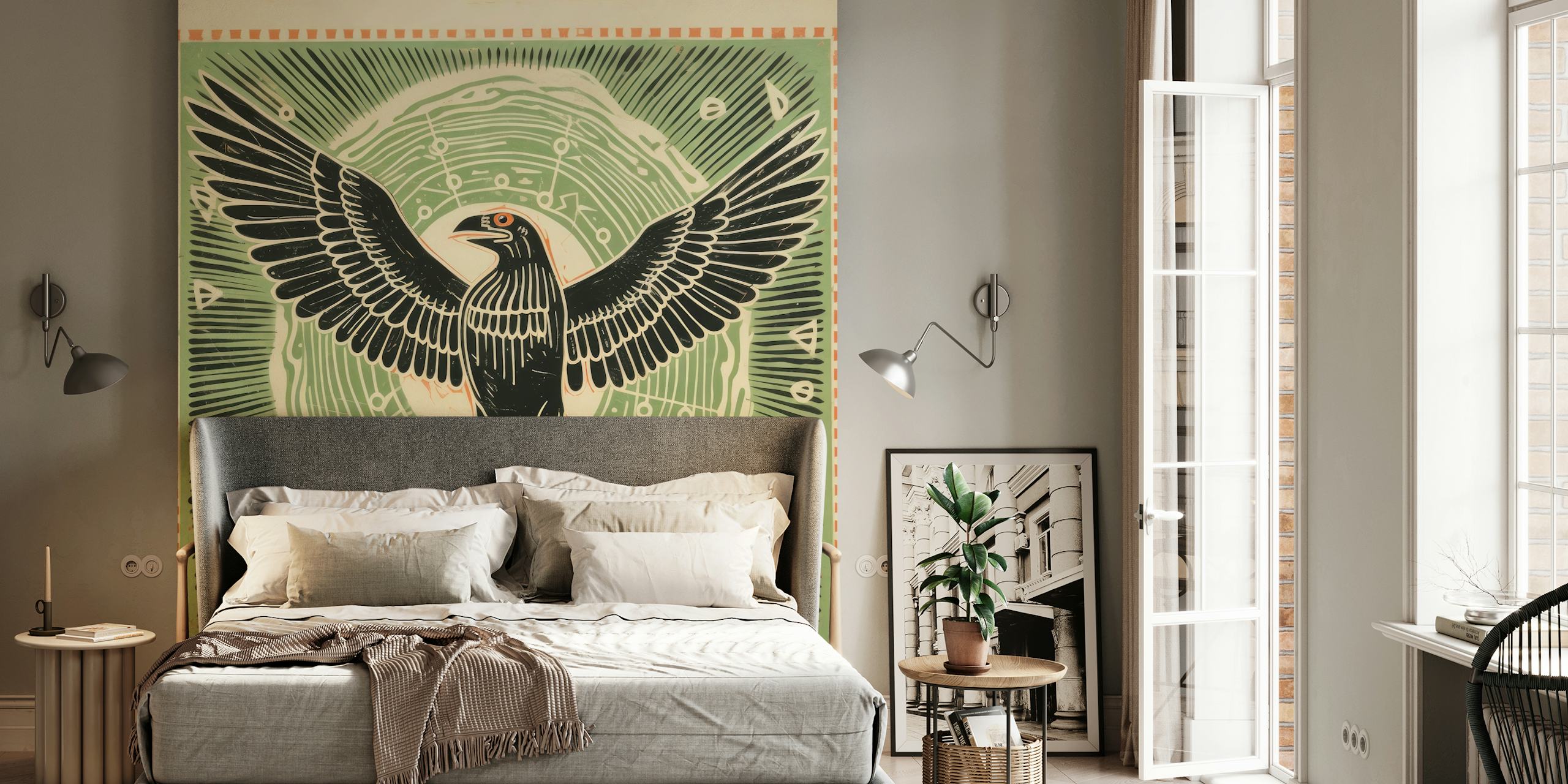 Papel de parede Folk Art Eagle exibido em um quarto