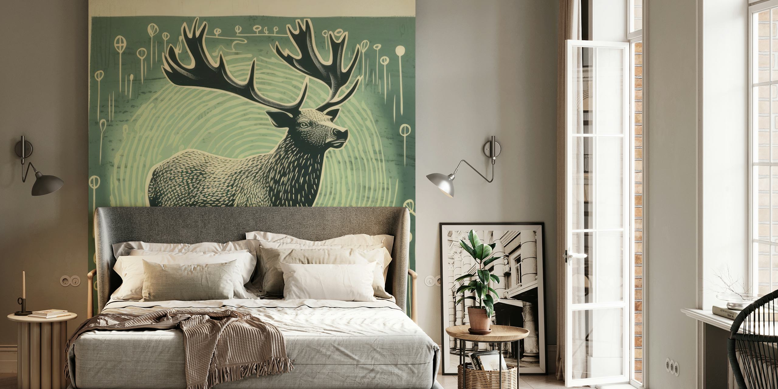 Tapeta Folk Art Elk vystavená v místnosti