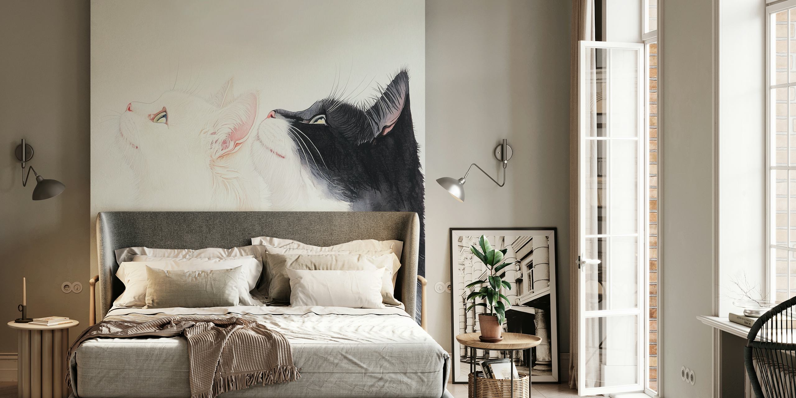 Two cats looking upwards, white and black, minimalist style wallpaper