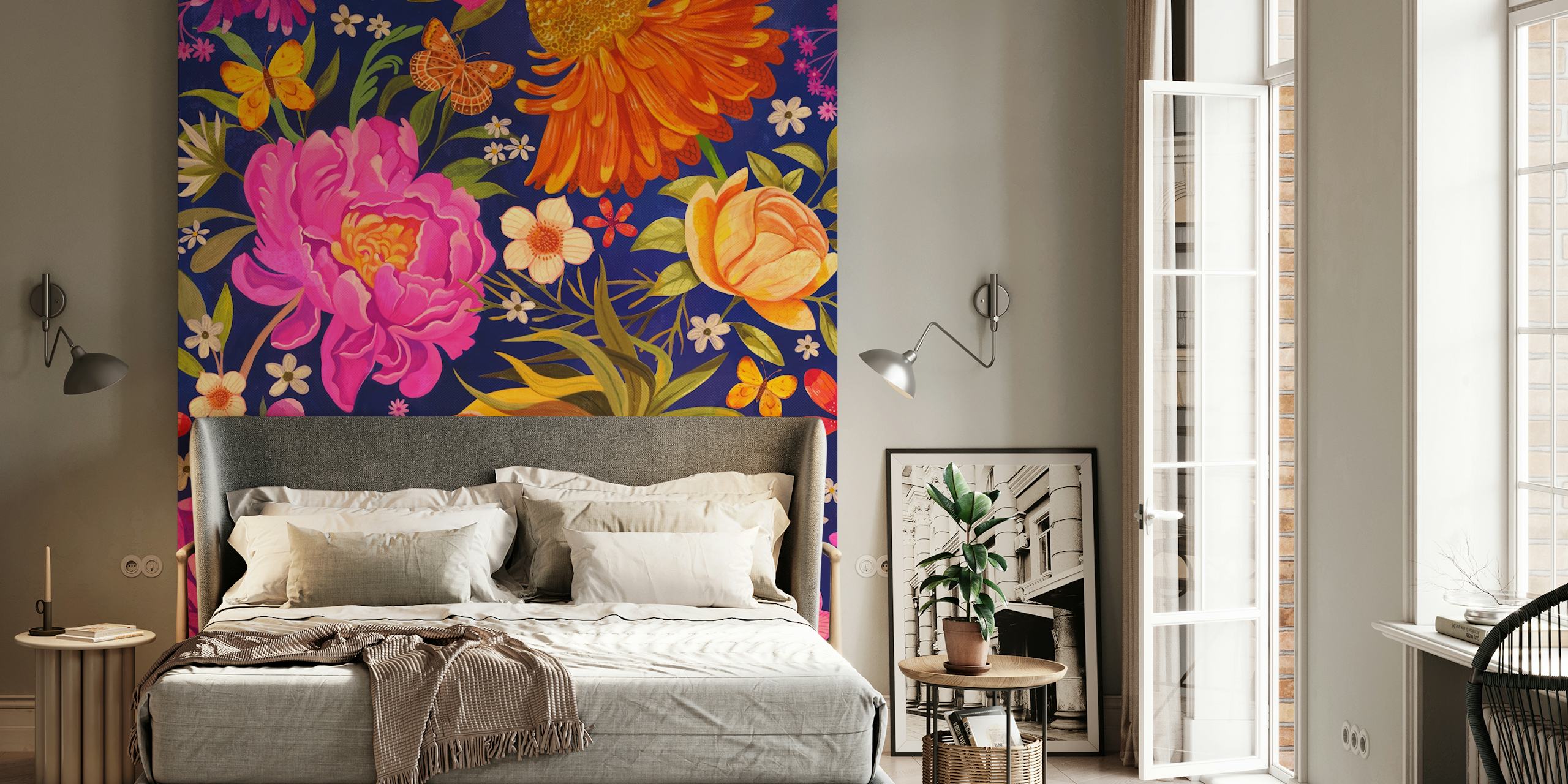 Colorful floral wallpaper with pink, orange, and yellow flowers on a dark blue background