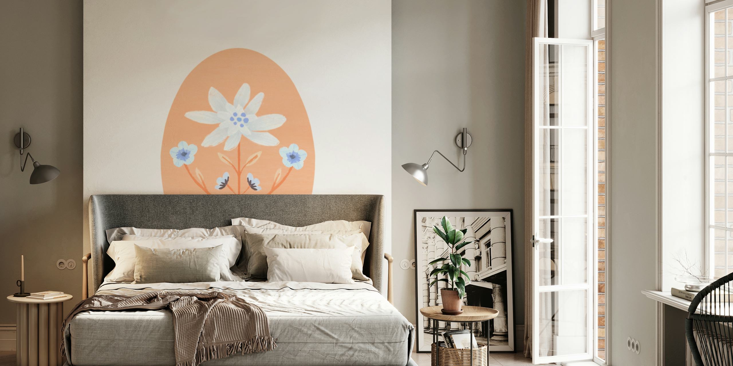Peach floral design with white and blue flowers wallpaper