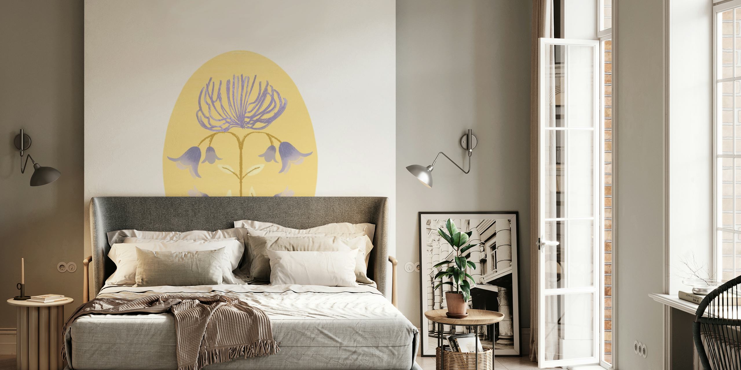 Yellow floral wall mural with elegant purple design