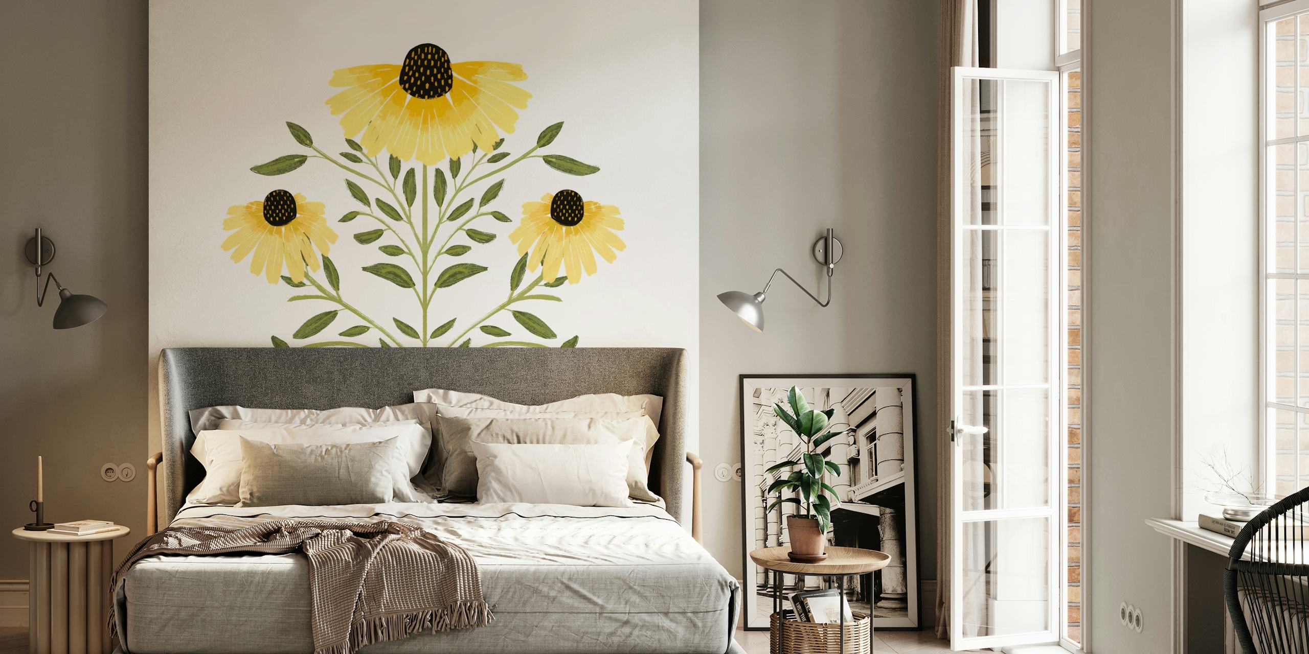 Yellow floral design wallpaper with green leaves
