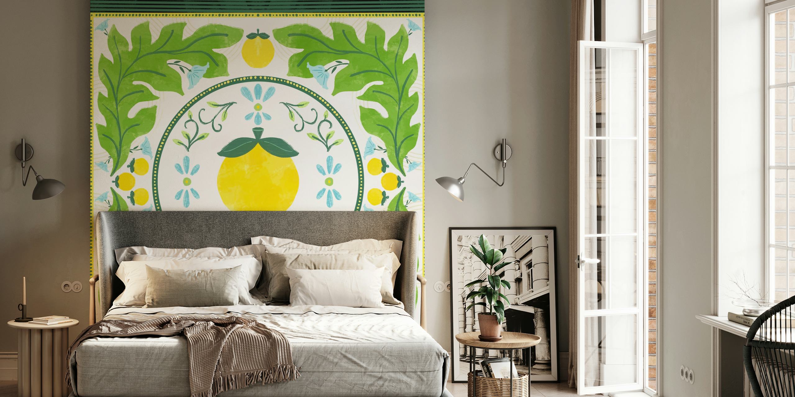 Floral and citrus pattern with yellow fruits and green leaves wallpaper