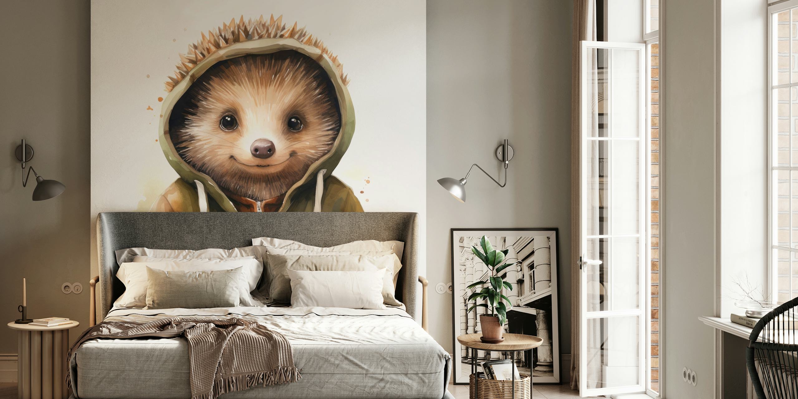 Aquarelle Cartoon Hedgehog dans un sweat à capuche confortable
