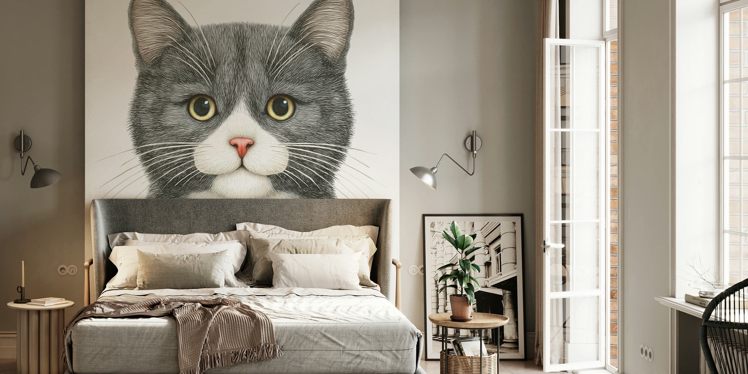 Kitty with a blue bow tie papel pintado en una habitación