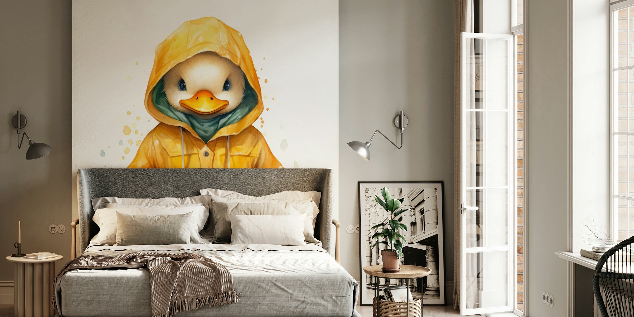 Cartoon duck wearing a yellow hoodie with a green scarf, watercolor wallpaper