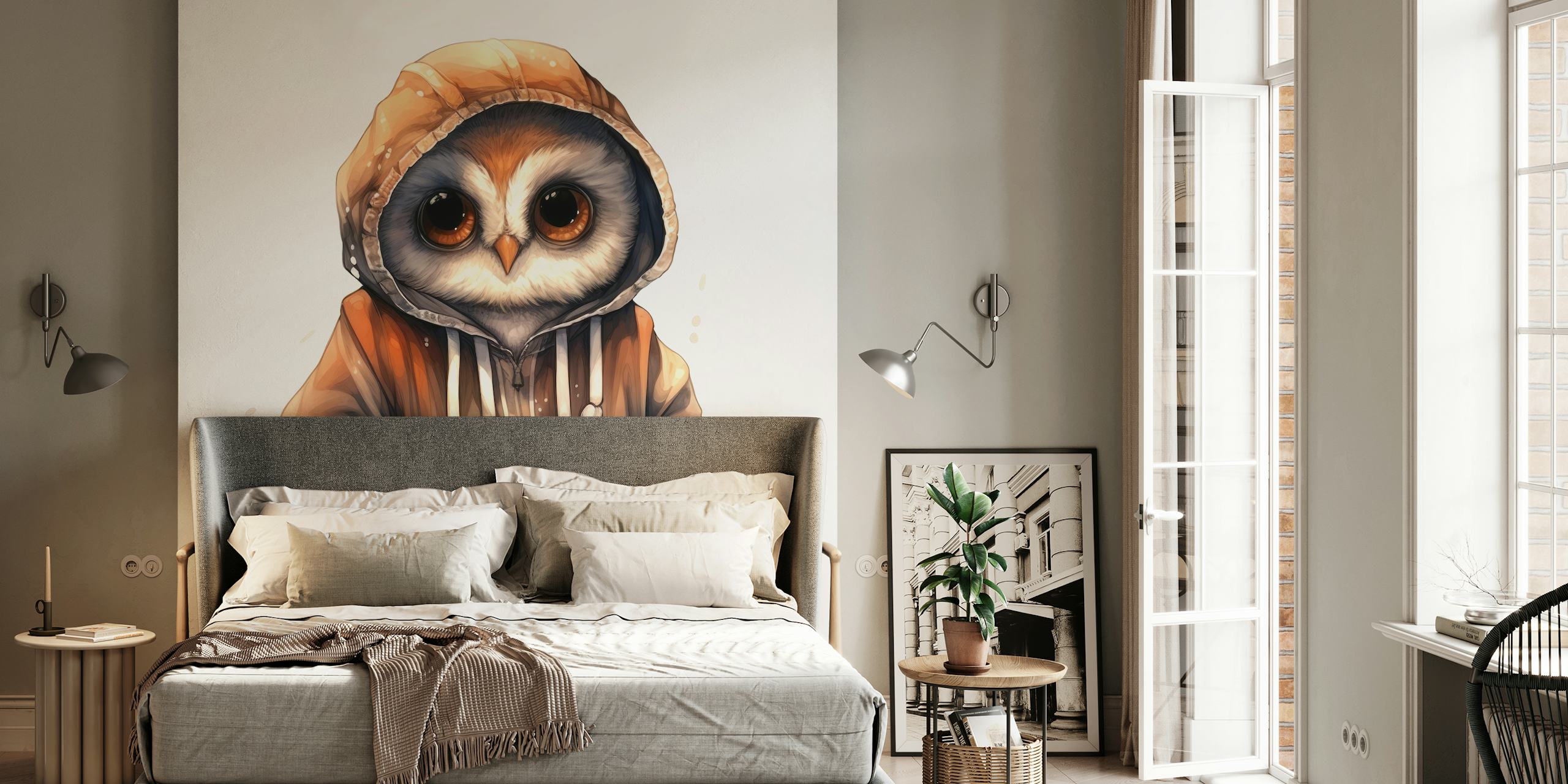Tapete mit Watercolor Cartoon Owl in a Hoodie