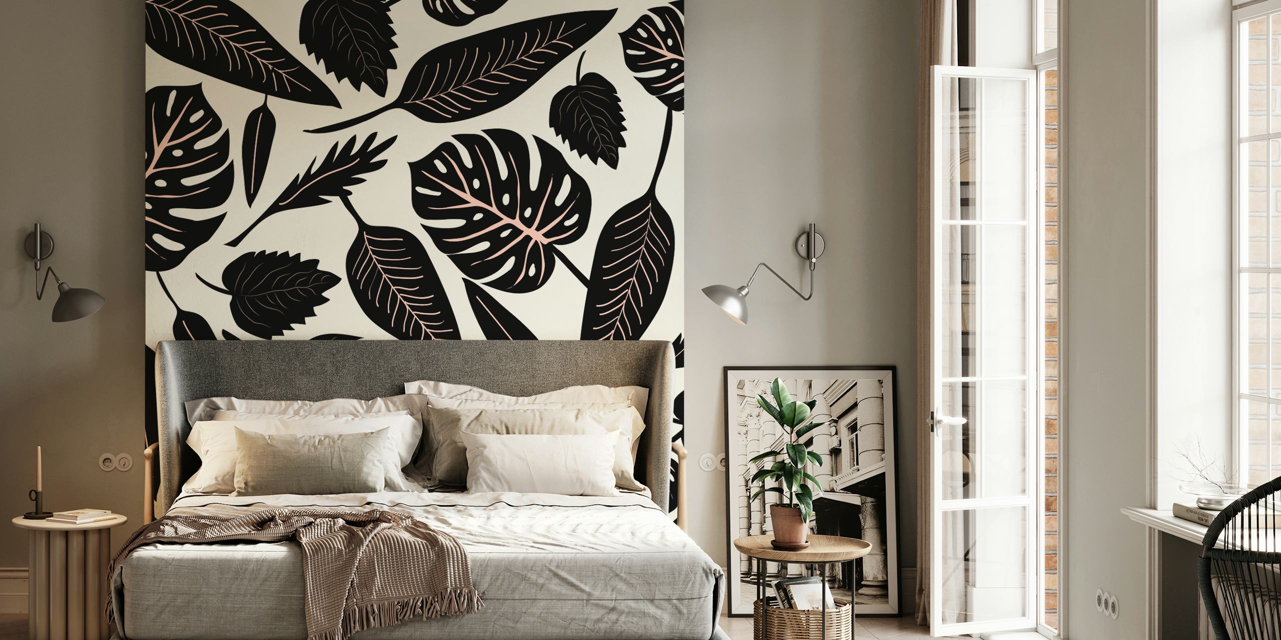 Monstera Leaves - Black tapeta v moderním pokoji