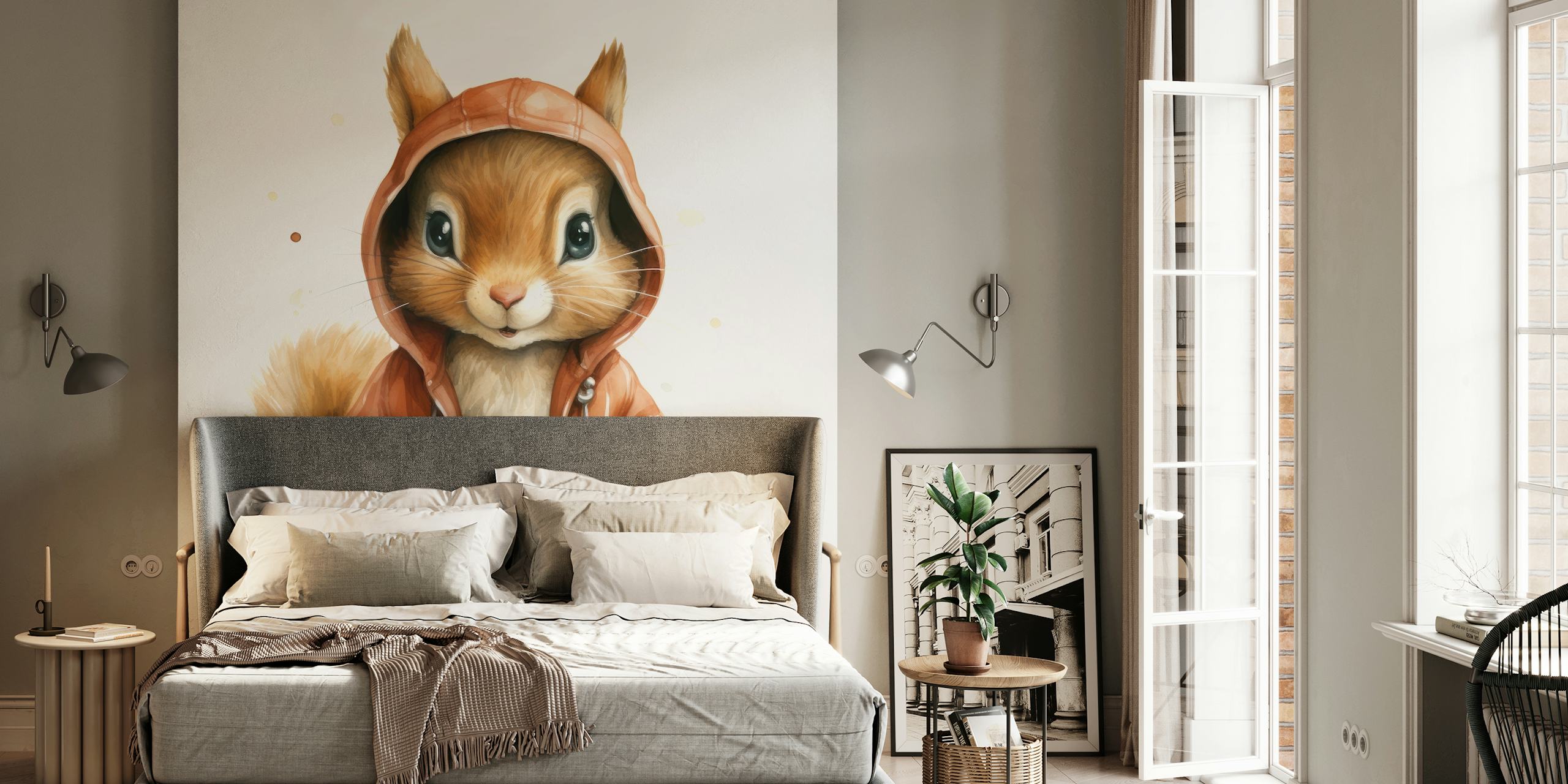 Watercolor cartoon squirrel in a hoodie wallpaper