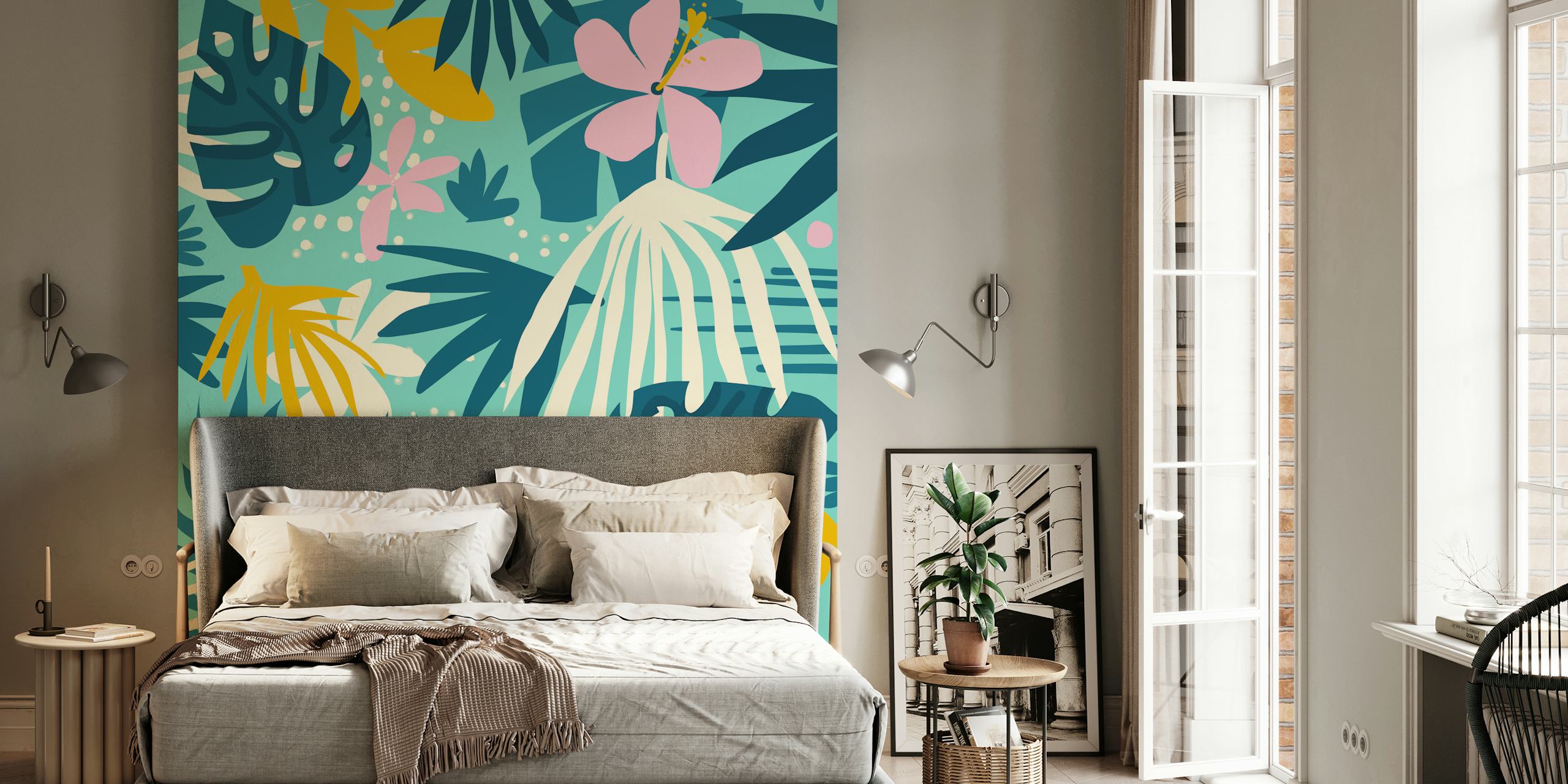Design de papel de parede floral com plantas coloridas