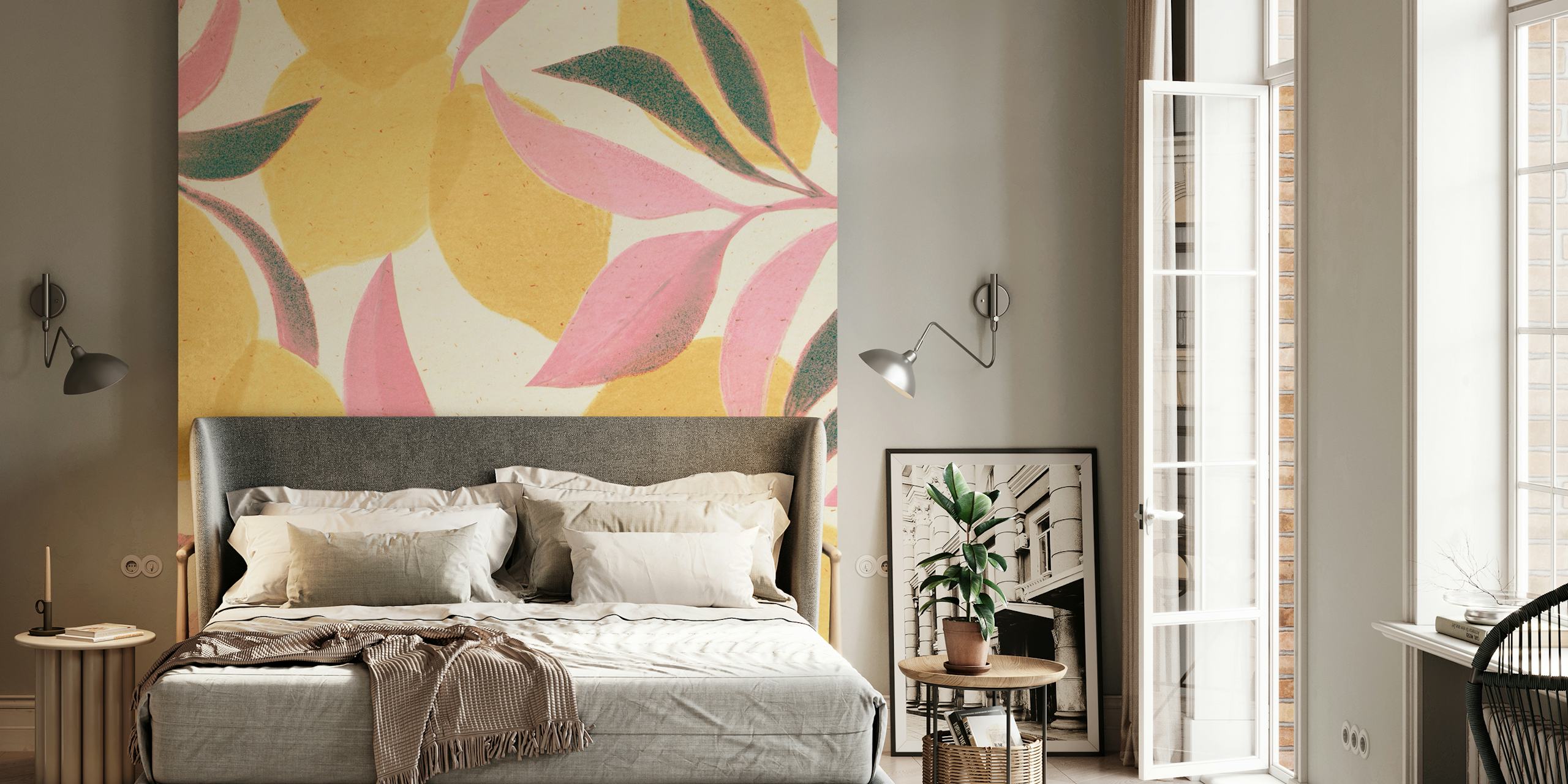 Lemon and pink leaf patterns on beige background wallpaper