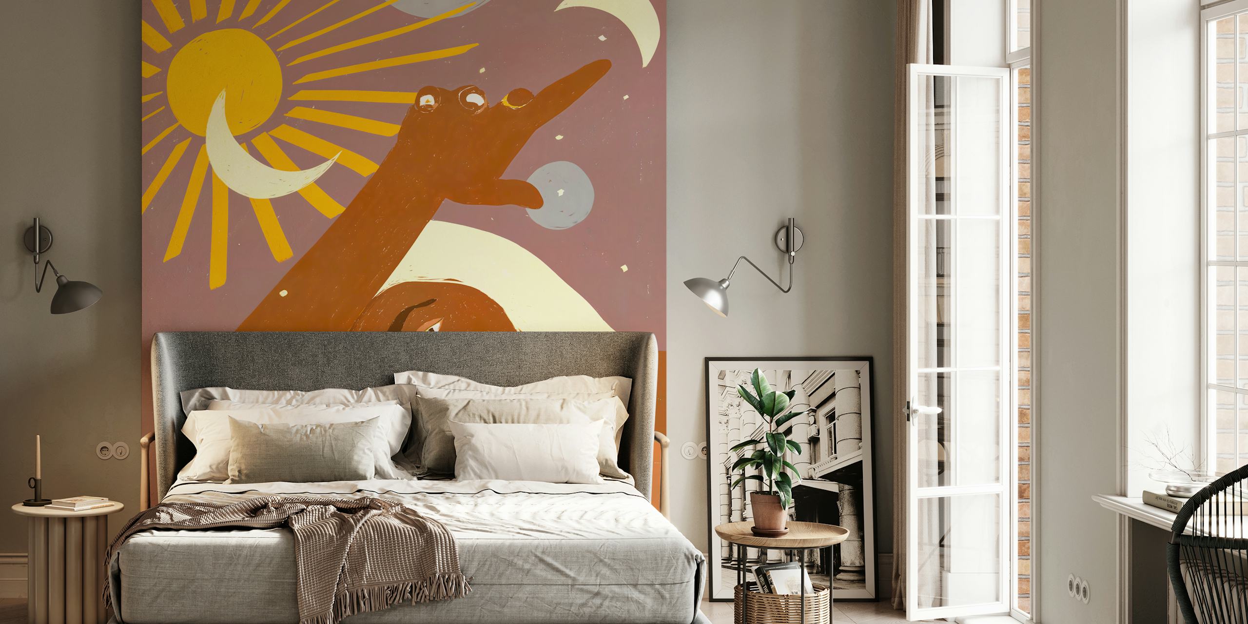 Papel pintado de temática celestial con luna y sol