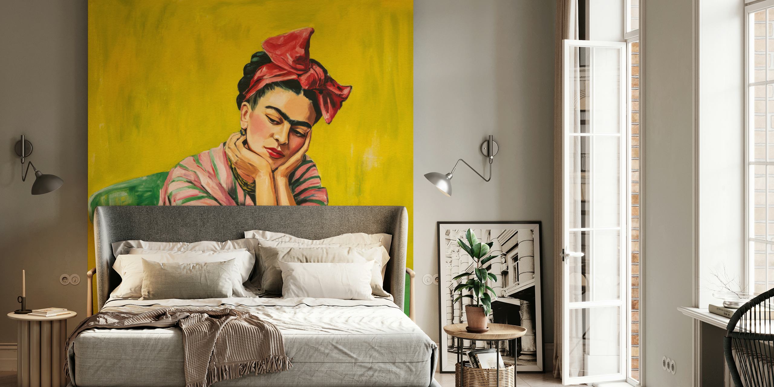 Mexican diva portrait with yellow background and pink accents wallpaper