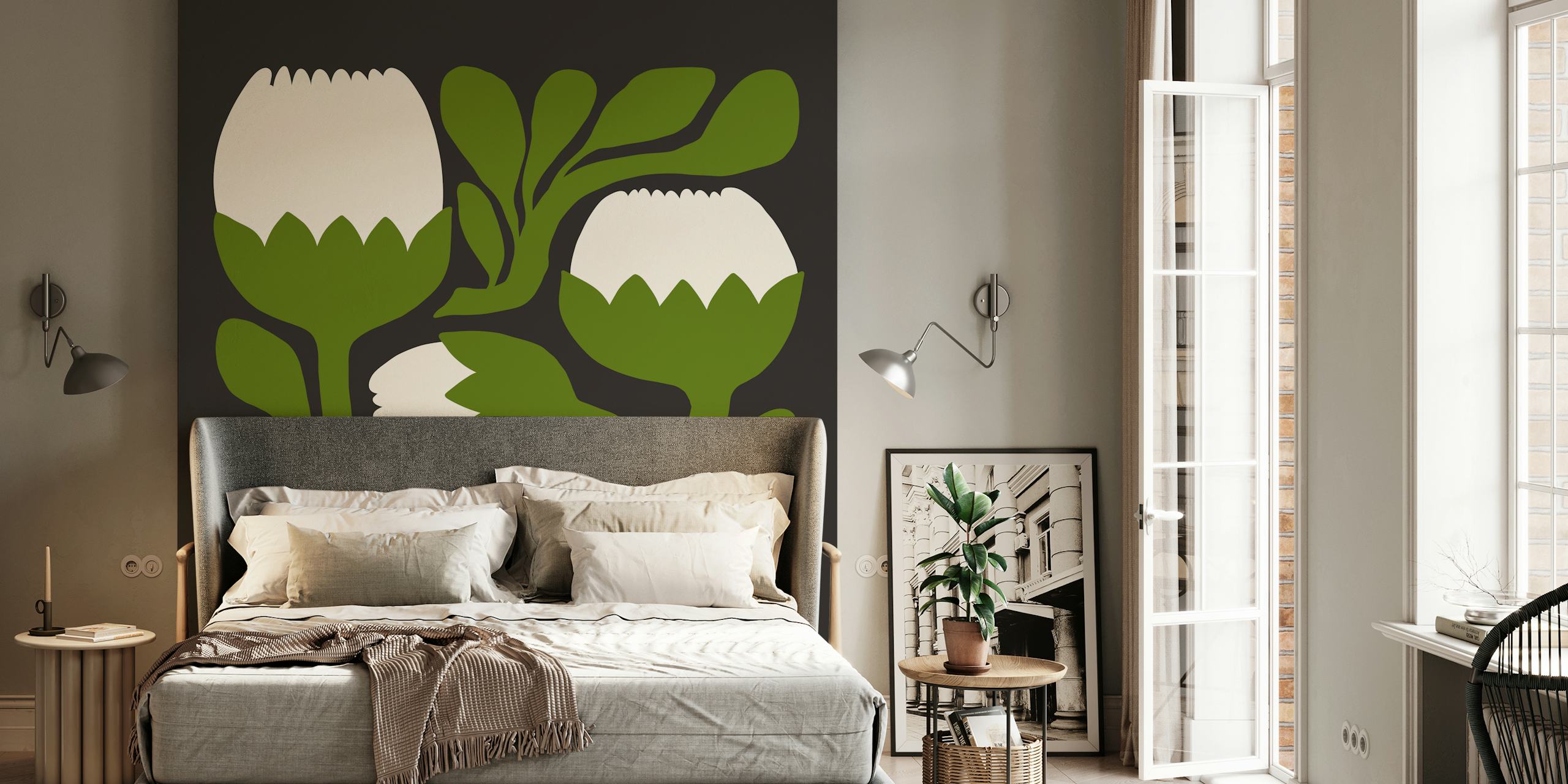 Minimalist floral design of white tulips with green leaves wallpaper