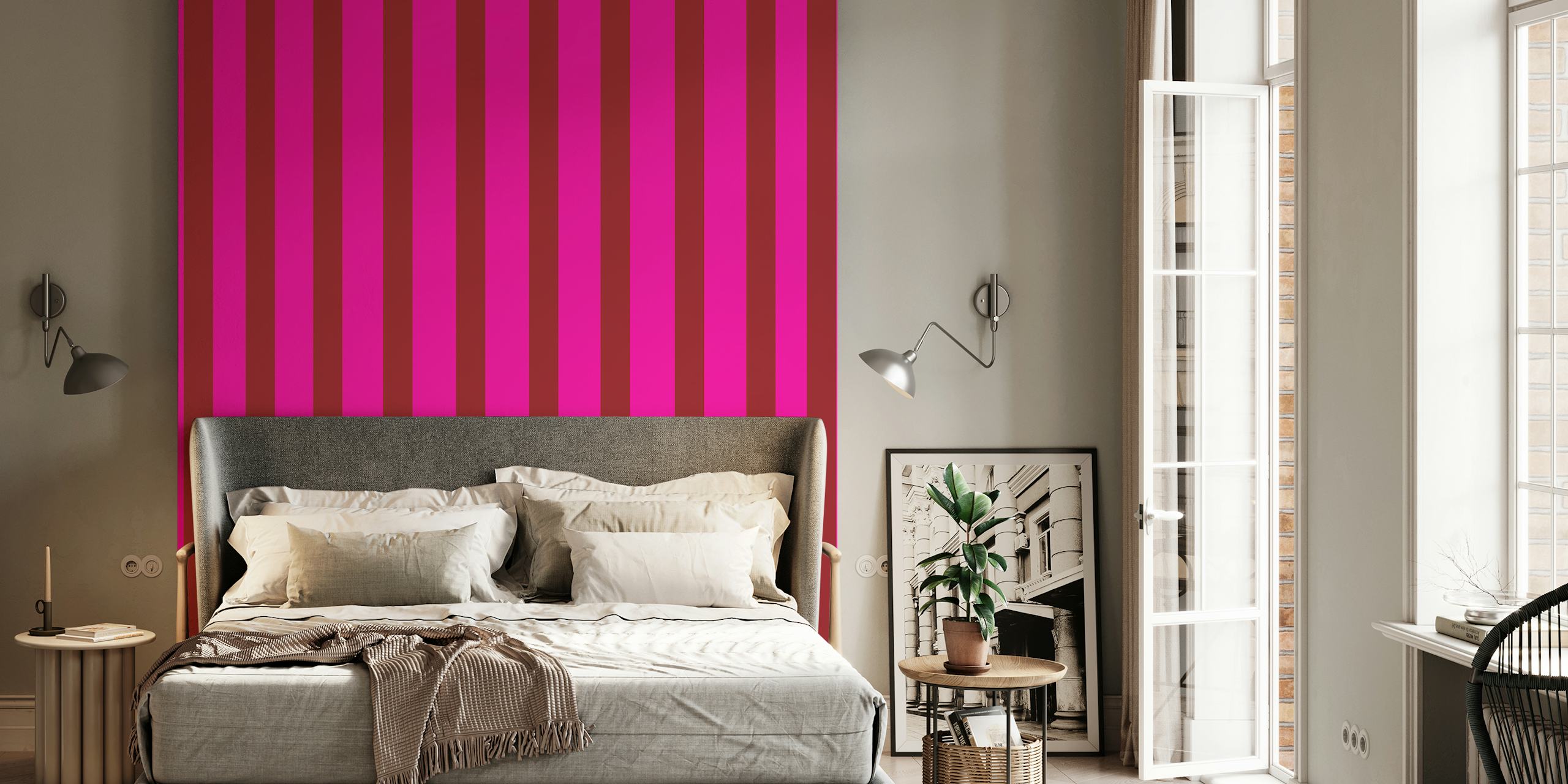 Bold berry striped wallpaper in pink and maroon colors