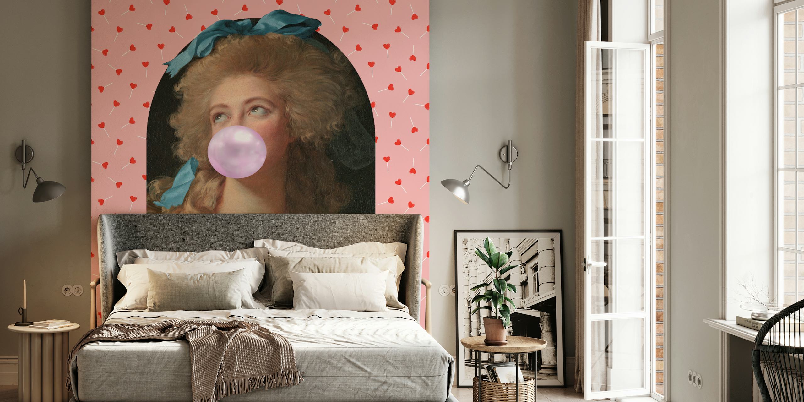 Renaissance woman with bubblegum on pink heart patterned wallpaper