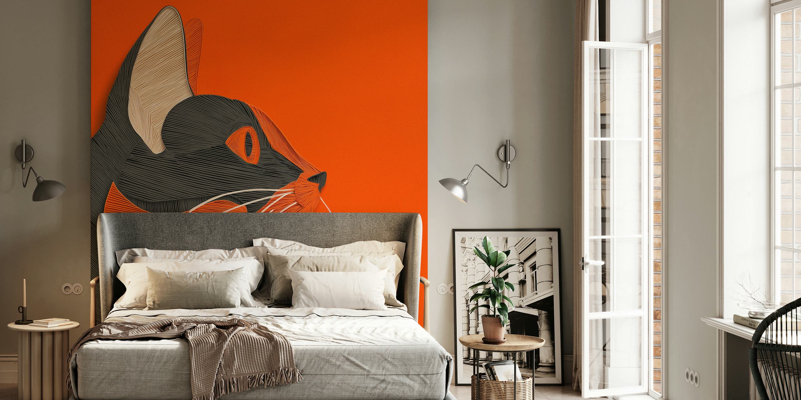 Textured cat portrait wallpaper in a room