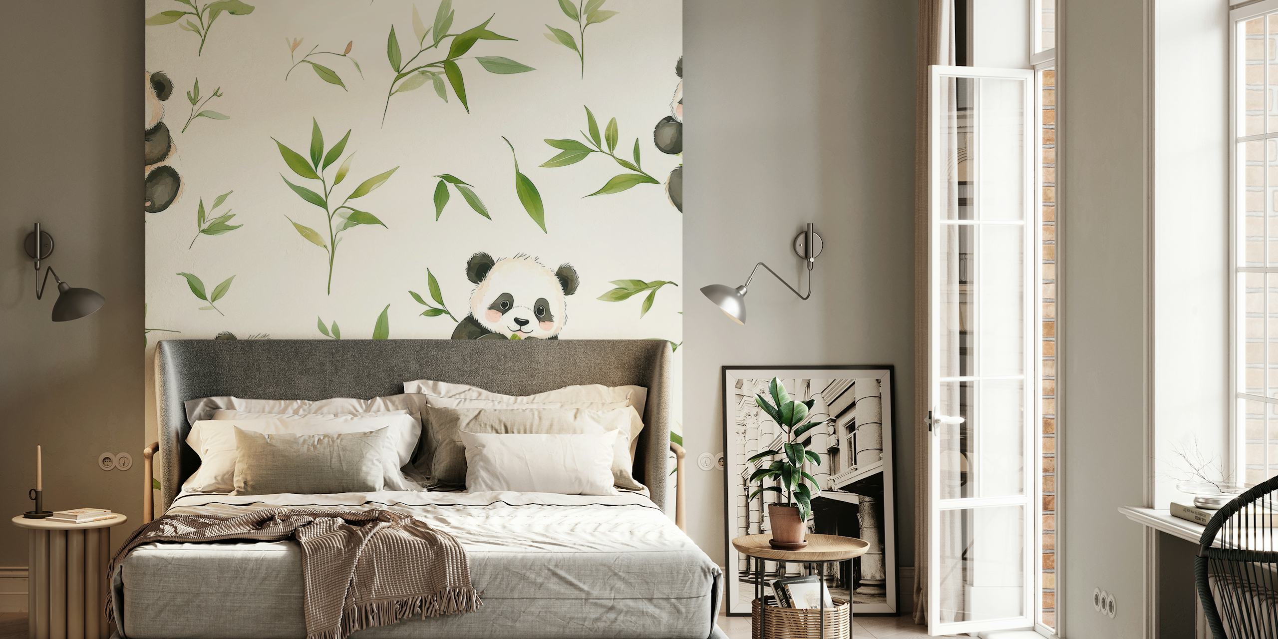 Cute pandas sitting on bamboo with green leaves wallpaper