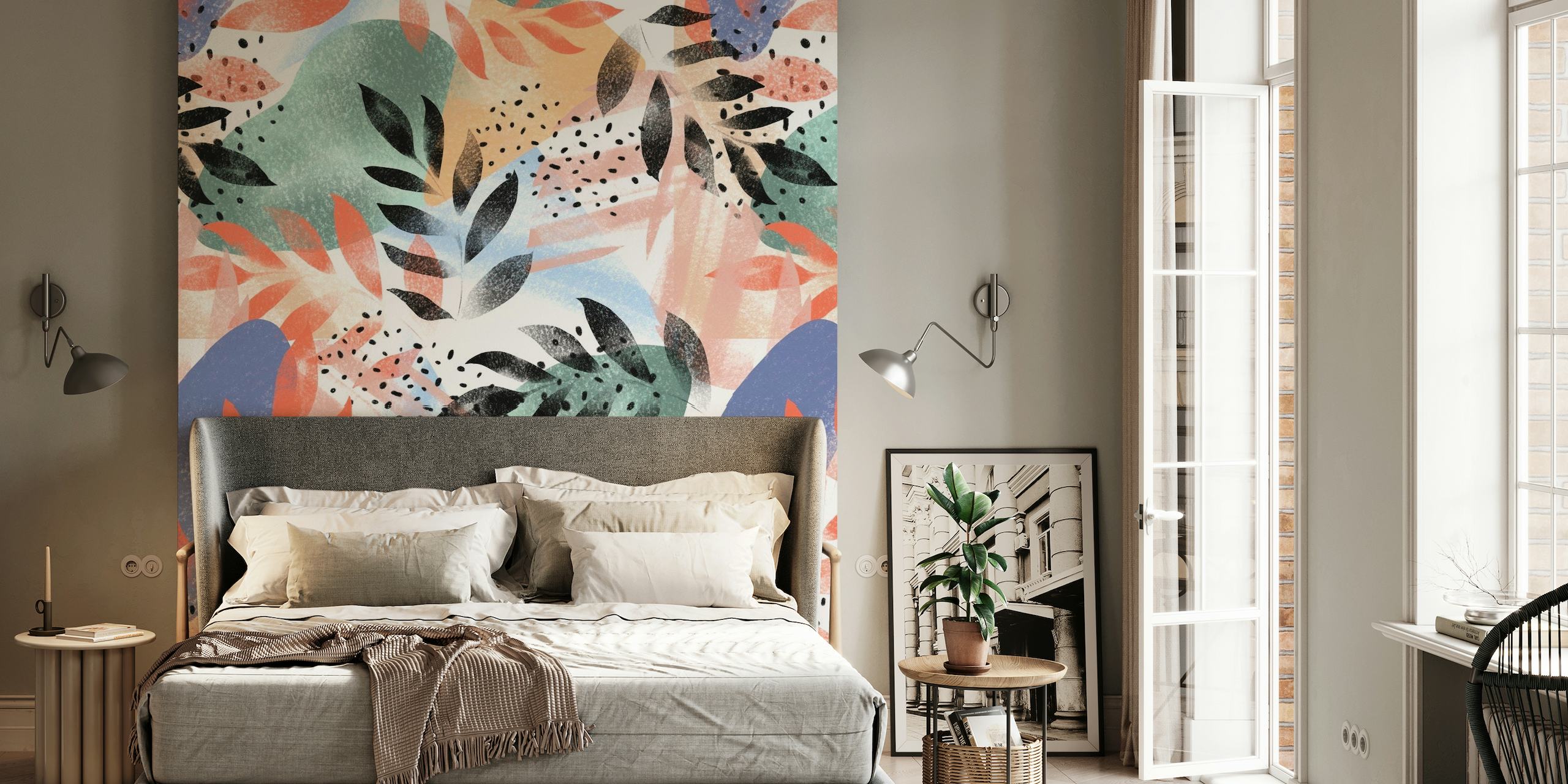 Abstract Tropical wall mural with vibrant shapes and botanical patterns