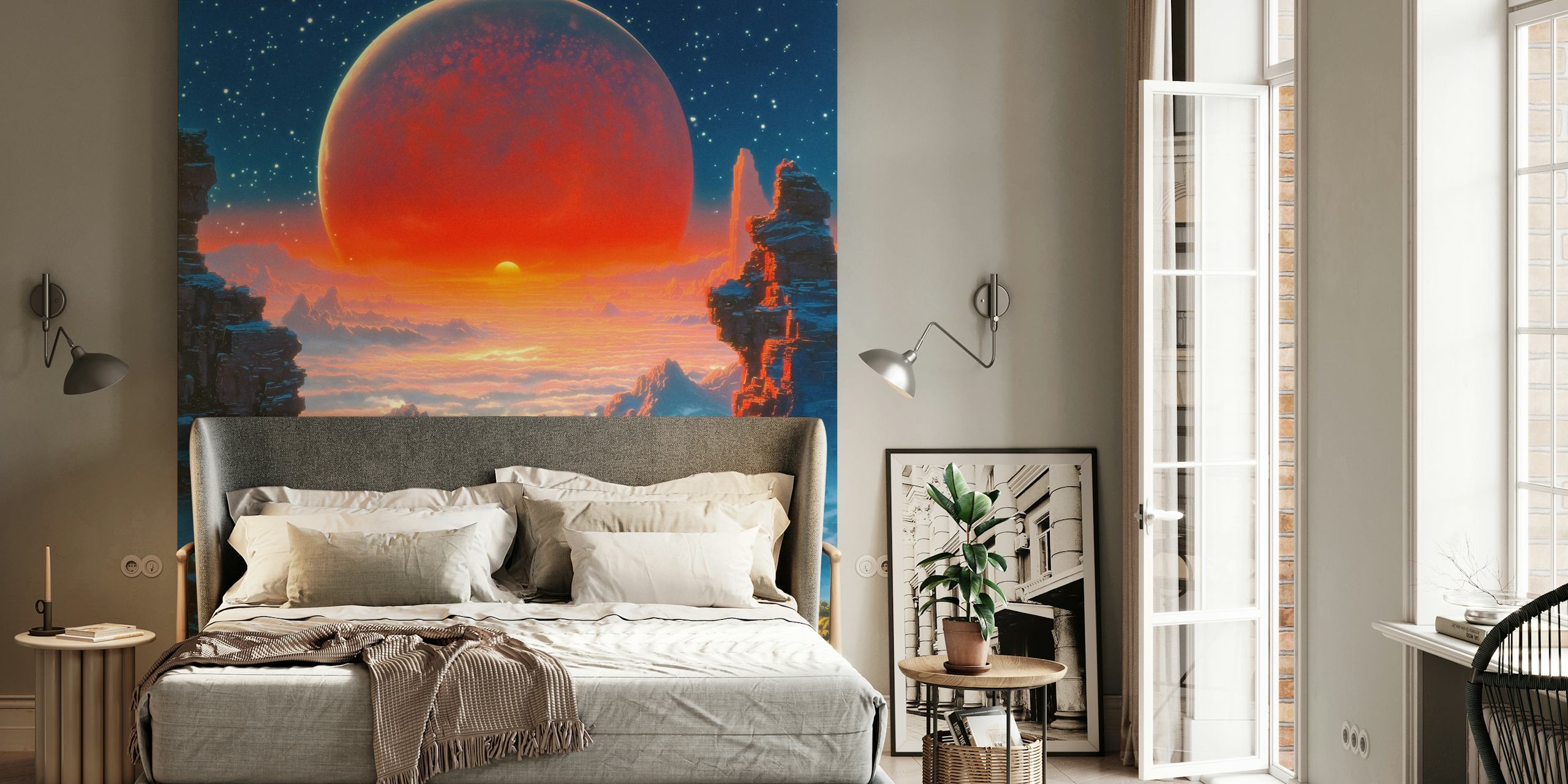 Astronaut walking in a red dawn wallpaper