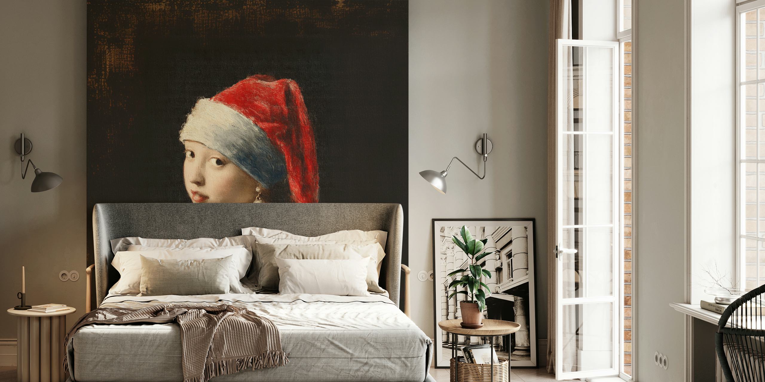 Girl in a Christmas hat with pearl earring on dark background wallpaper