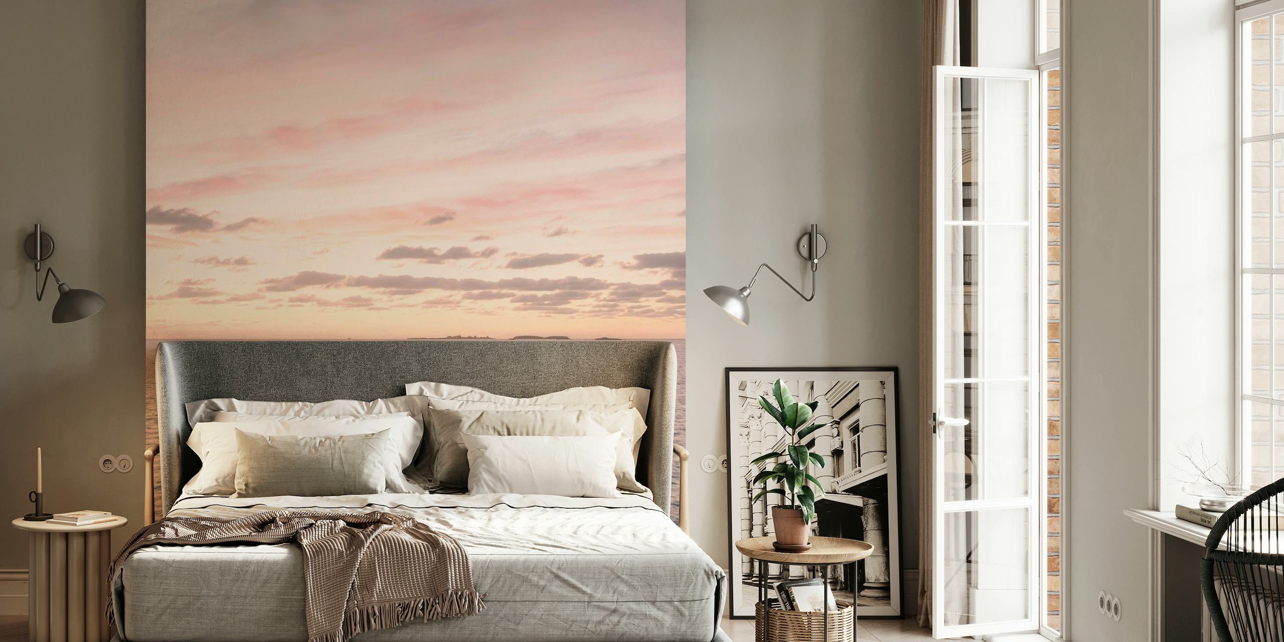 Bahamas sunset wall mural with ocean and soft pink skies