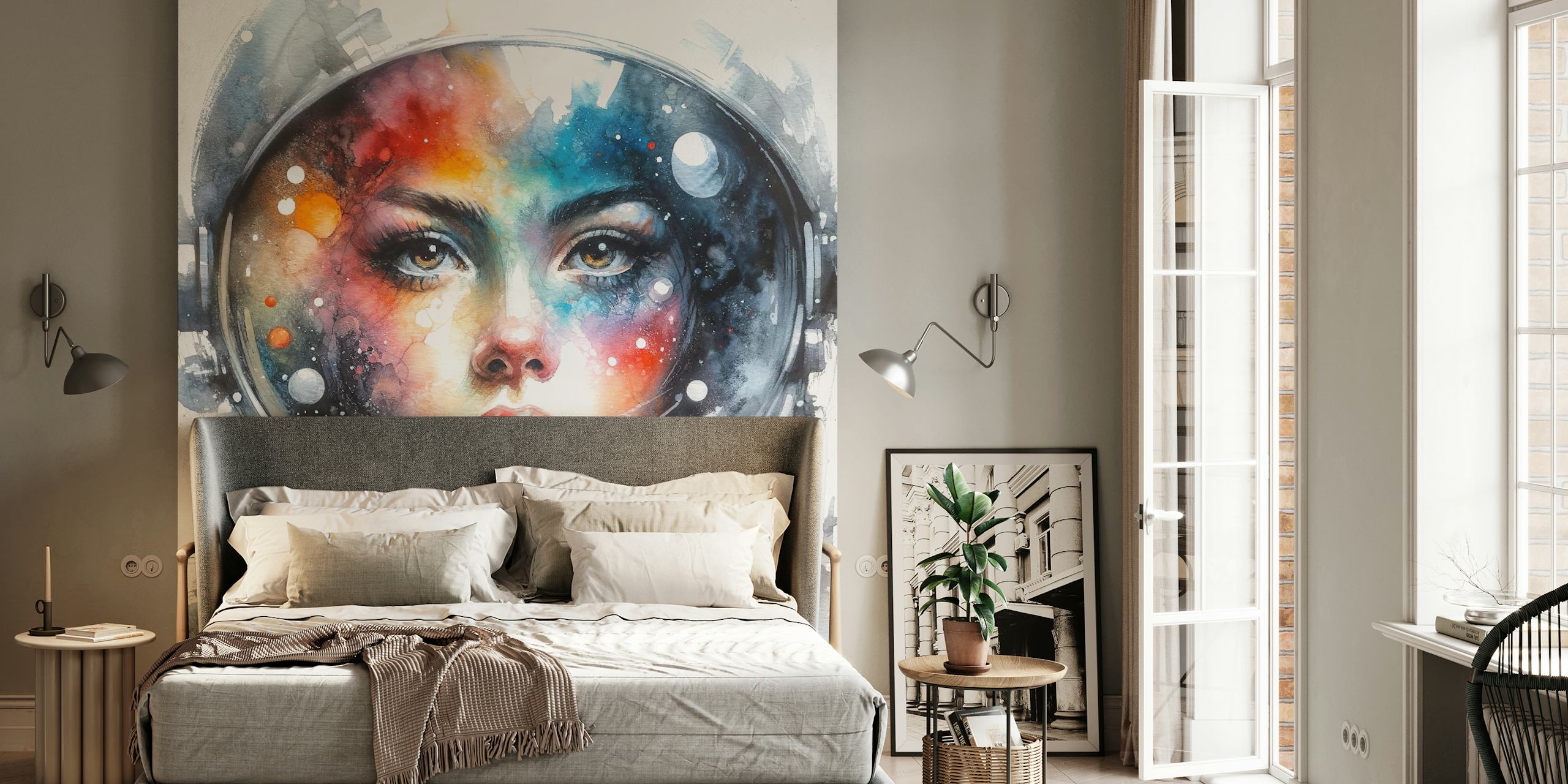 Watercolor female astronaut portrait wallpaper in a room