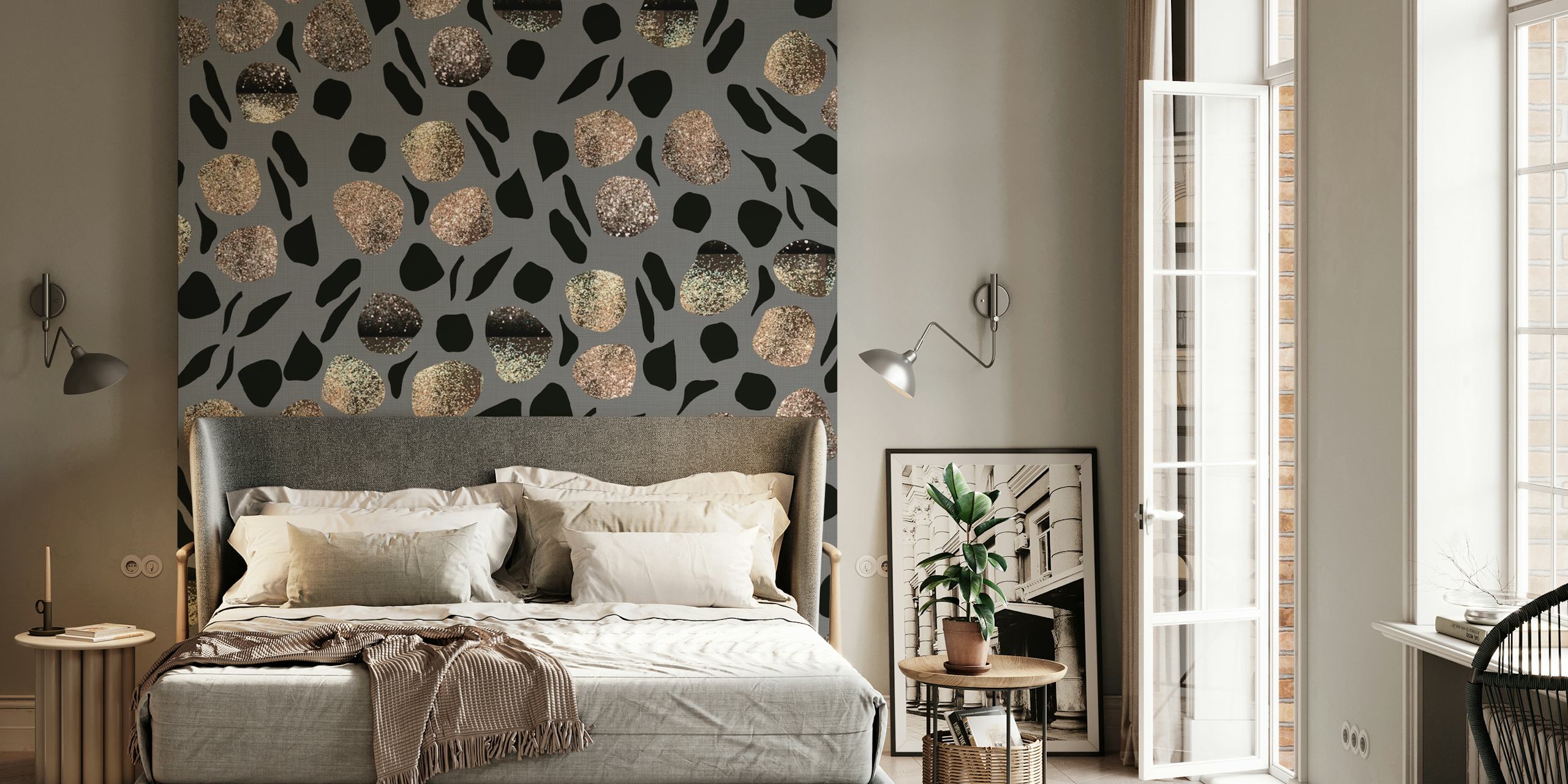 Animal print and glitter patterns in shades of black and gold wallpaper