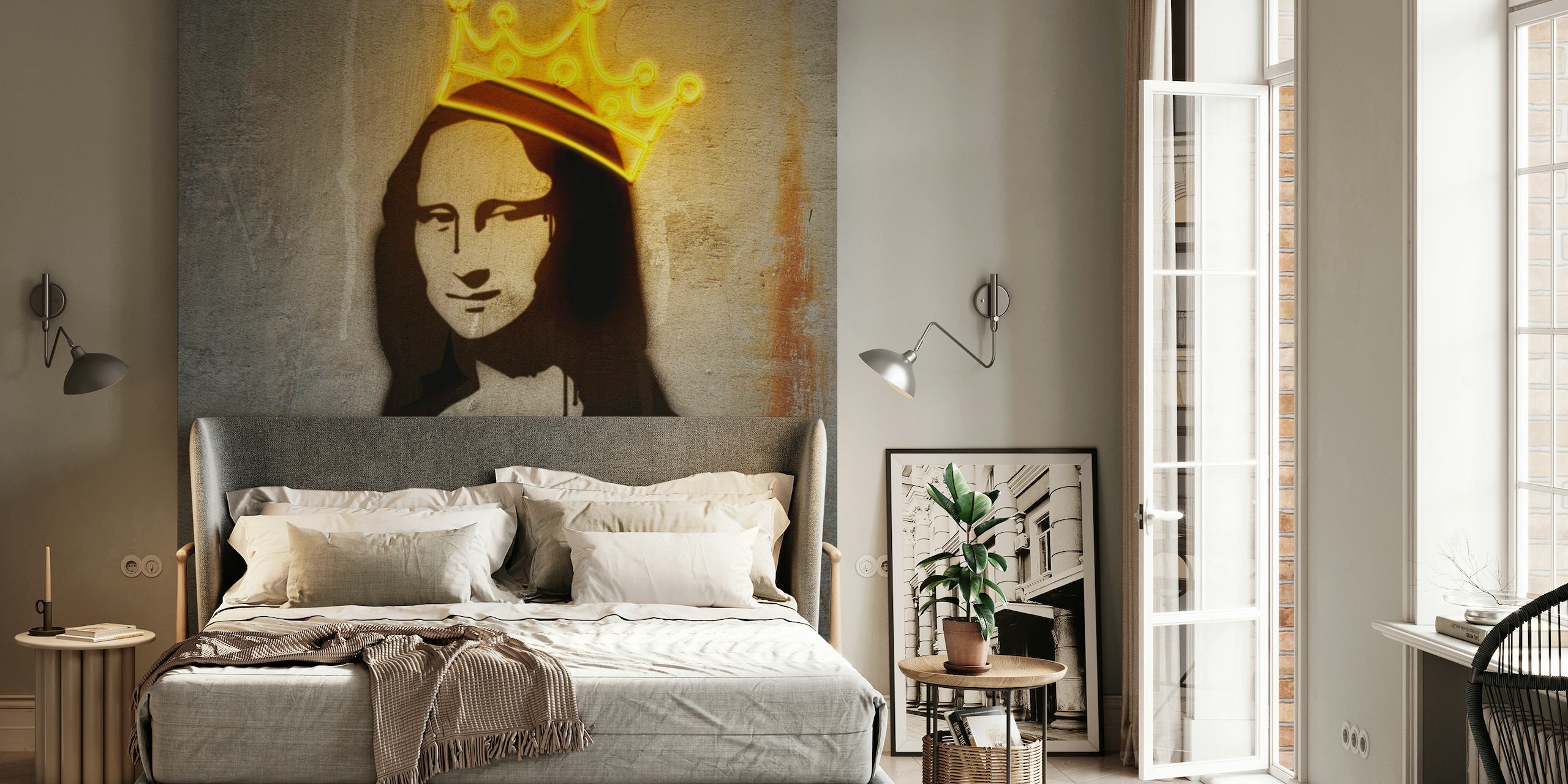 Monalisa with a neon crown wall mural