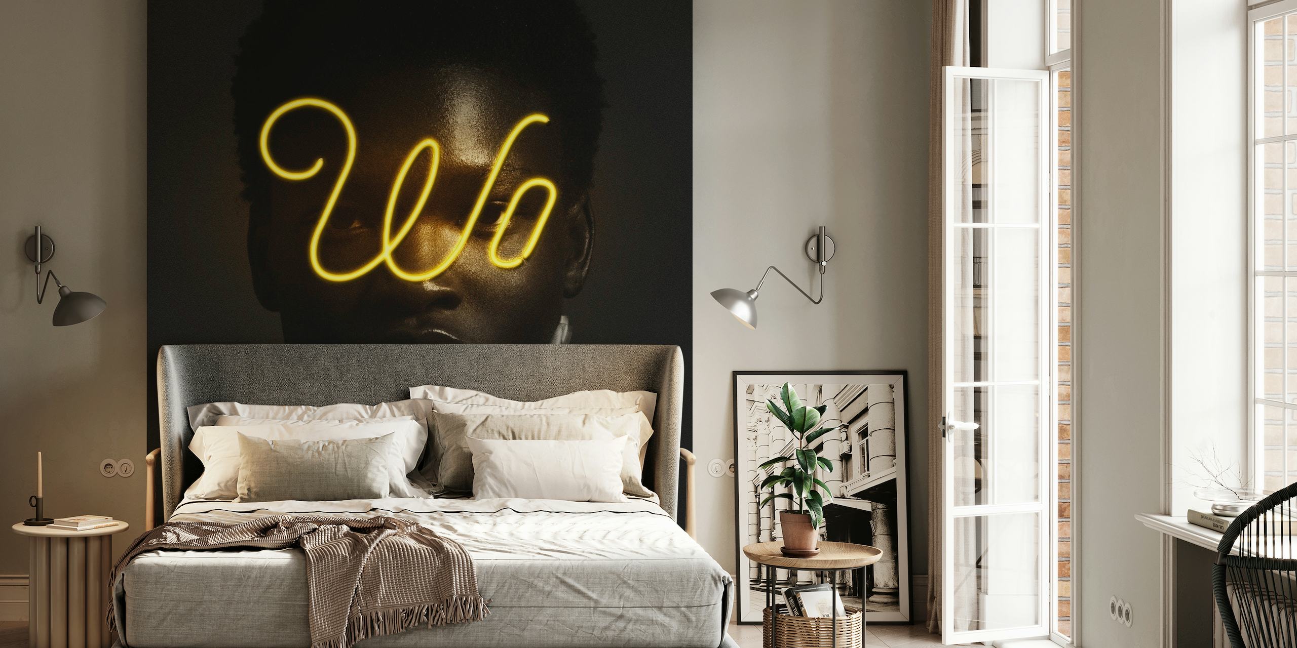 African woman silhouette with neon light accents wall mural