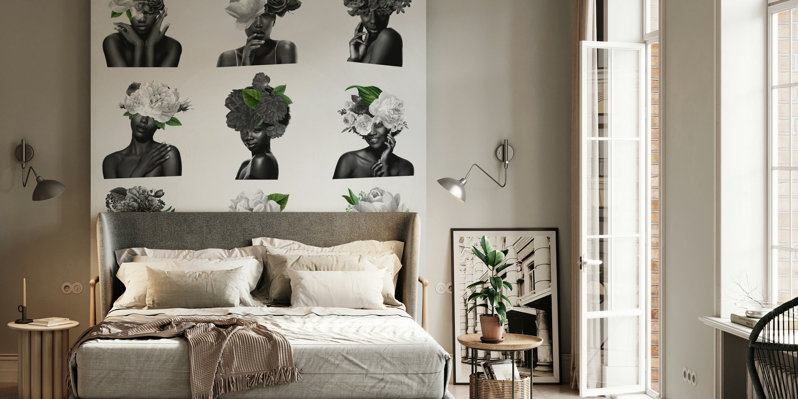 Artistic silhouettes of women with floral crowns wall mural