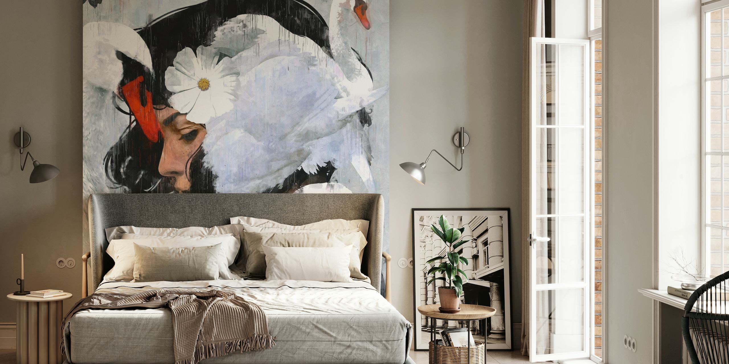 Artistic wall mural of a person merged with a white swan against a grey canvas