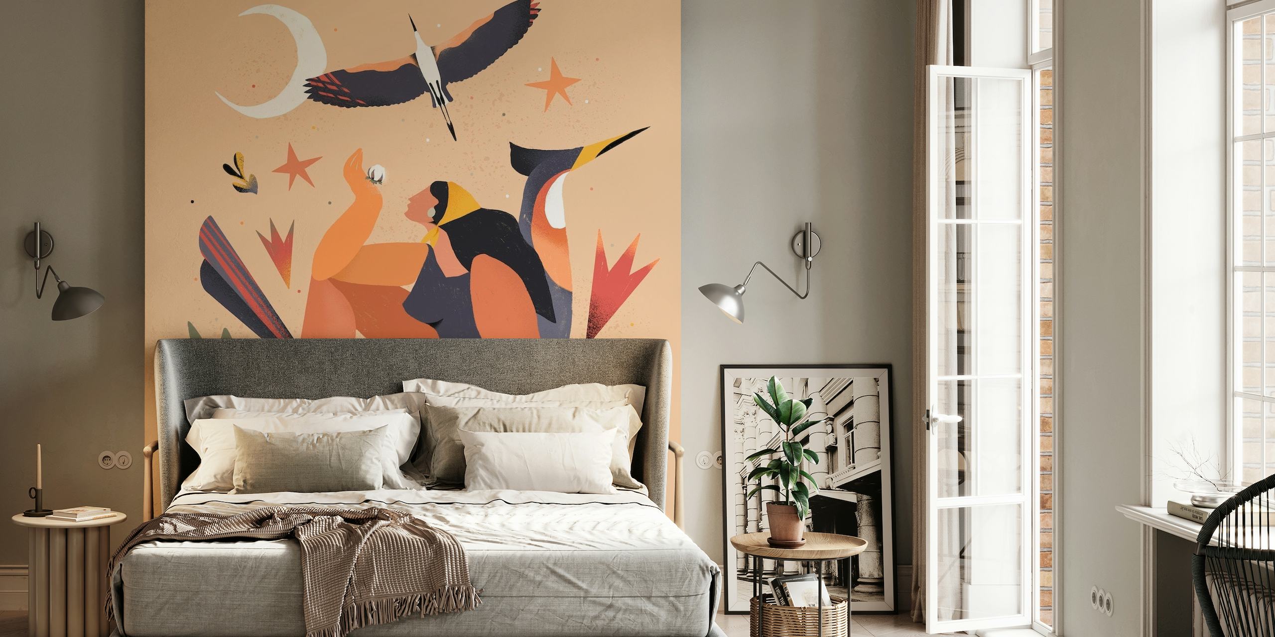 Abstract WoMan Nature wall mural with human silhouettes, flora, and fauna