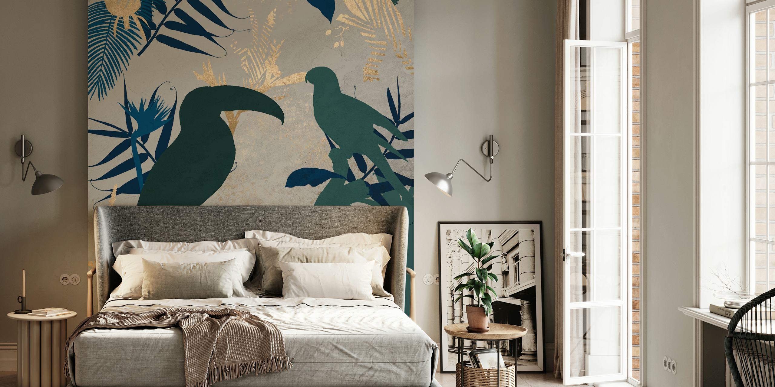 Tropical leaf patterns with green and gold birds wallpaper
