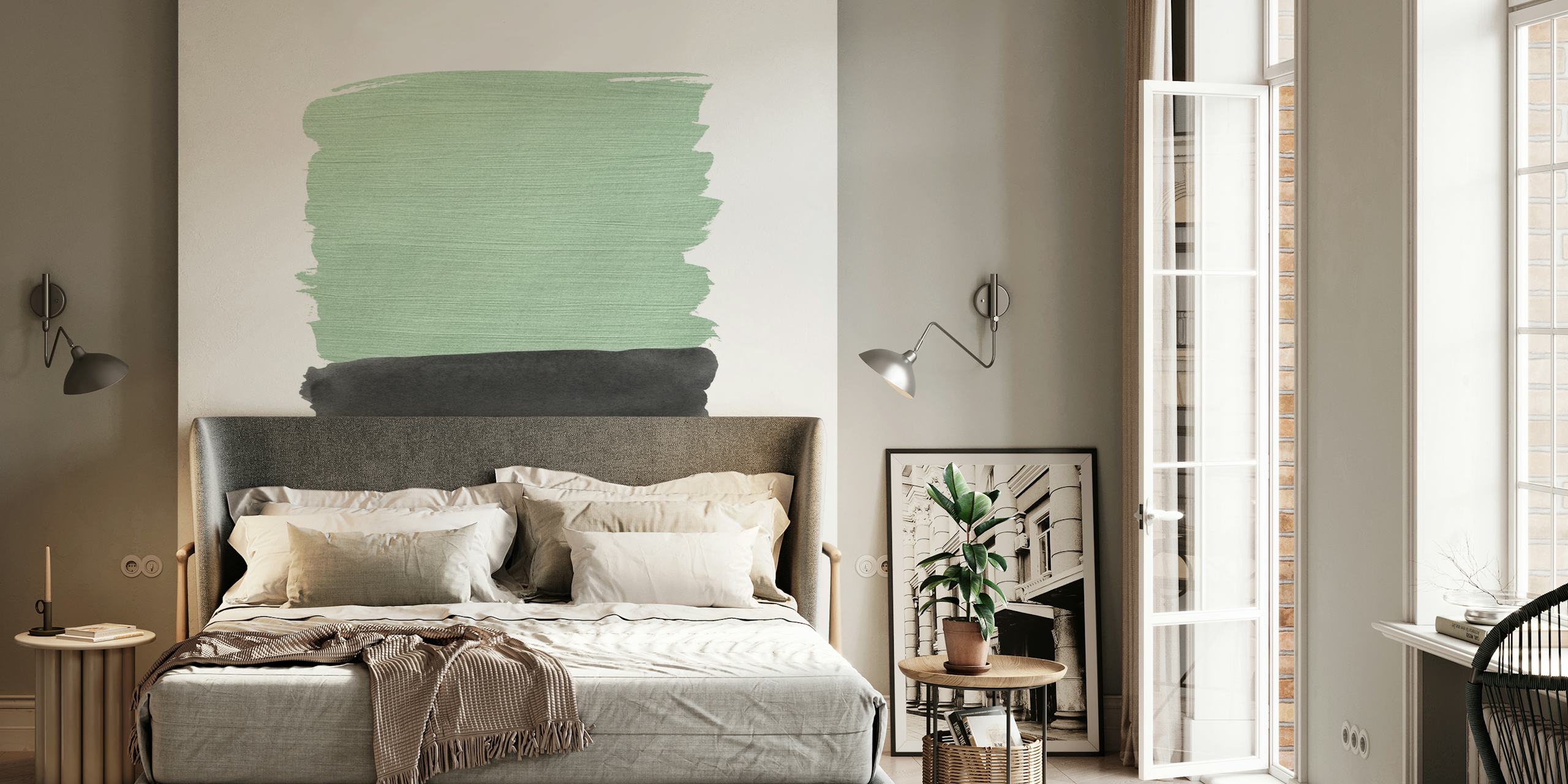 Sage Green og svarte abstrakte tapeter i et rom
