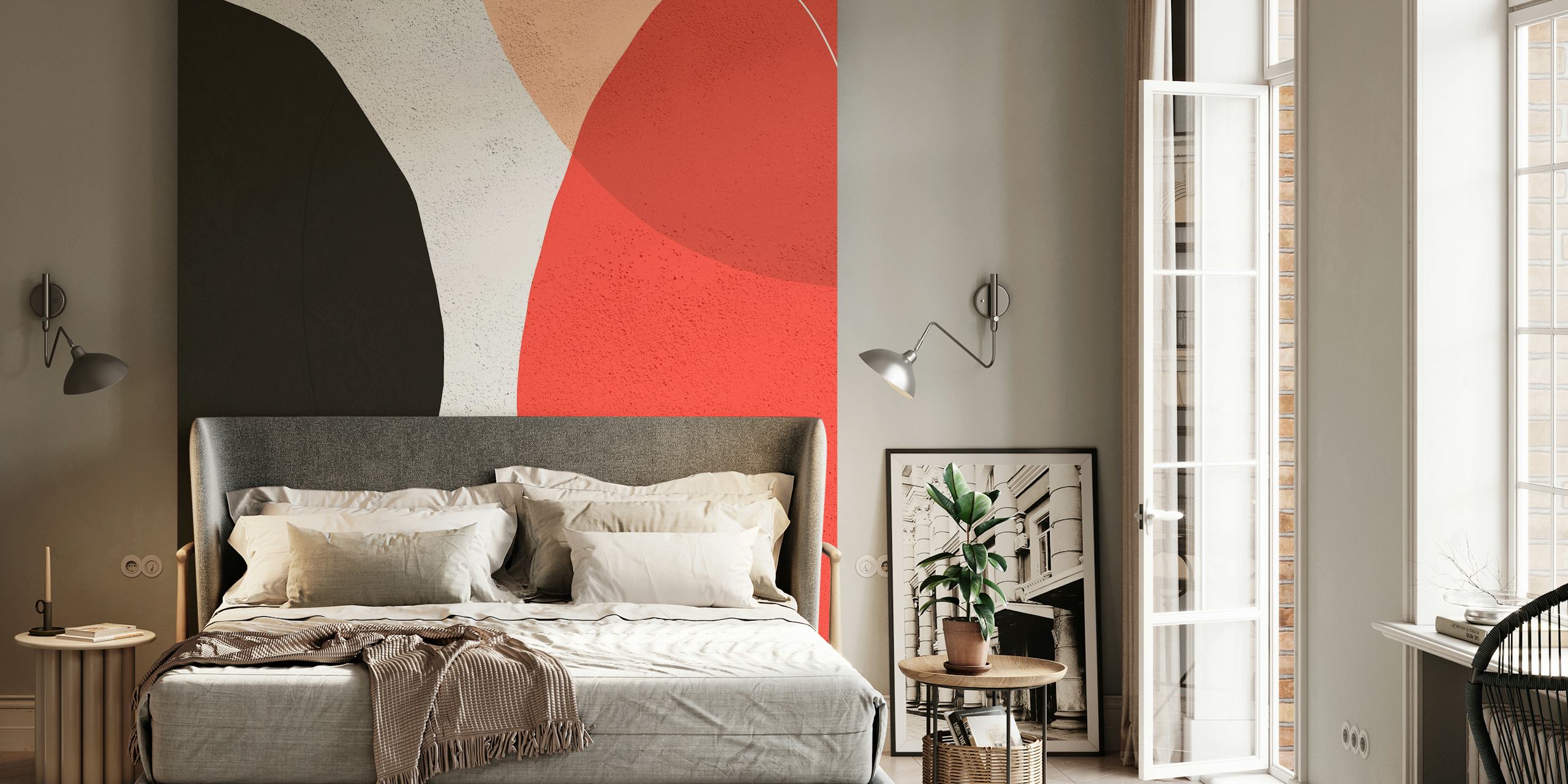 Orange and black abstract wallpaper in a room