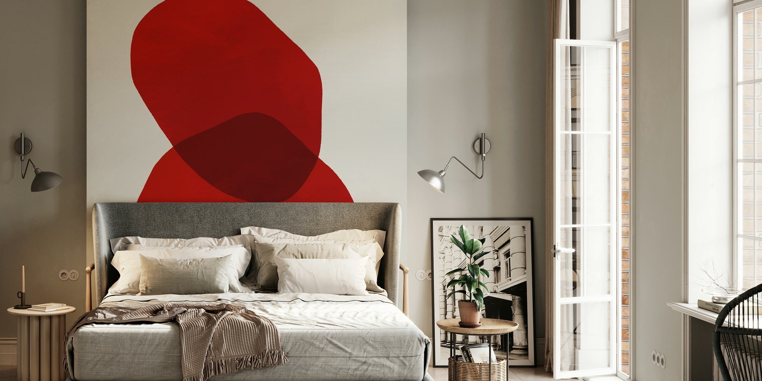 Abstrakte røde cirkler overlapper vægmaleri