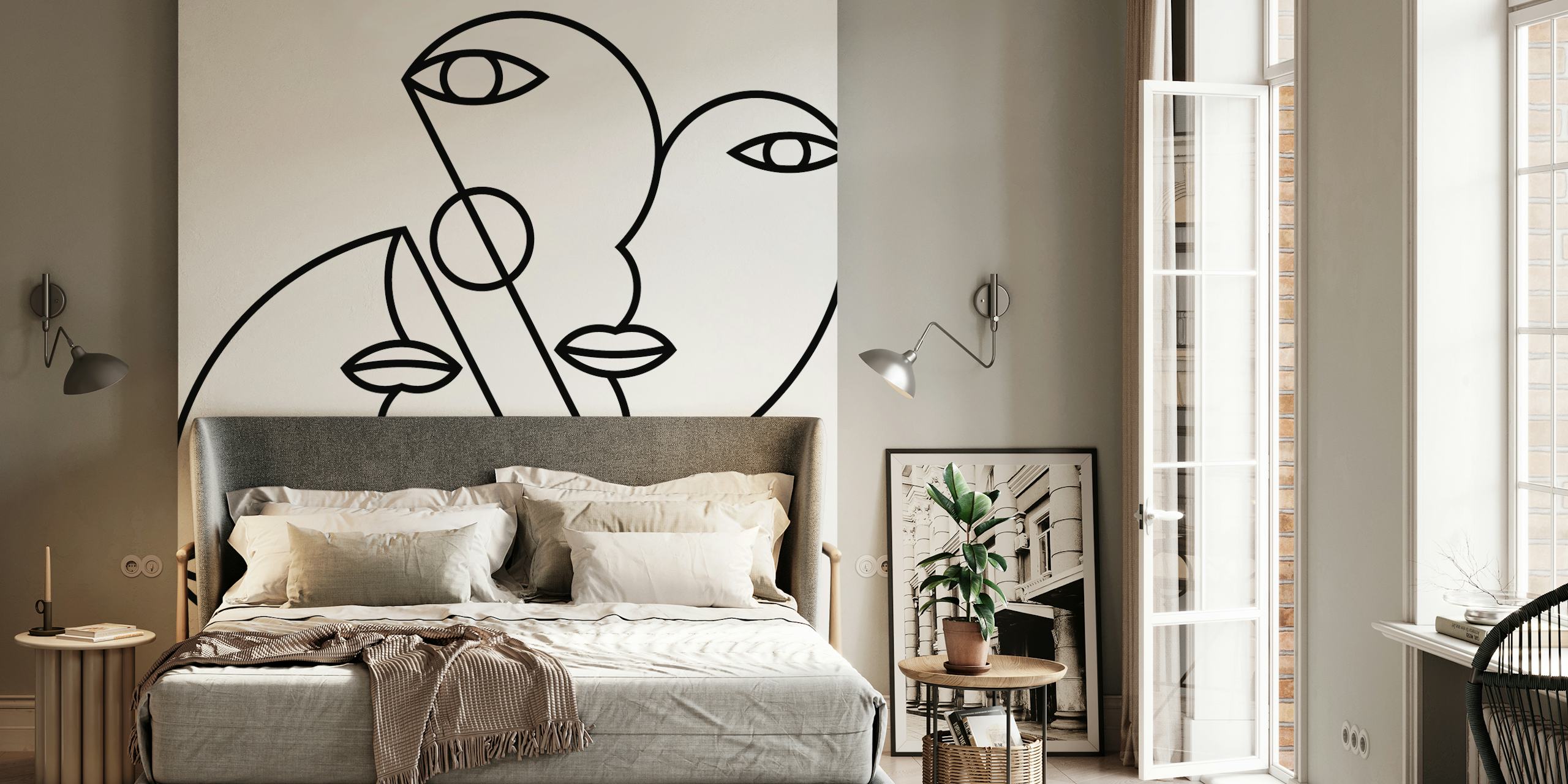 Black and white line art heart wallpaper with abstract faces