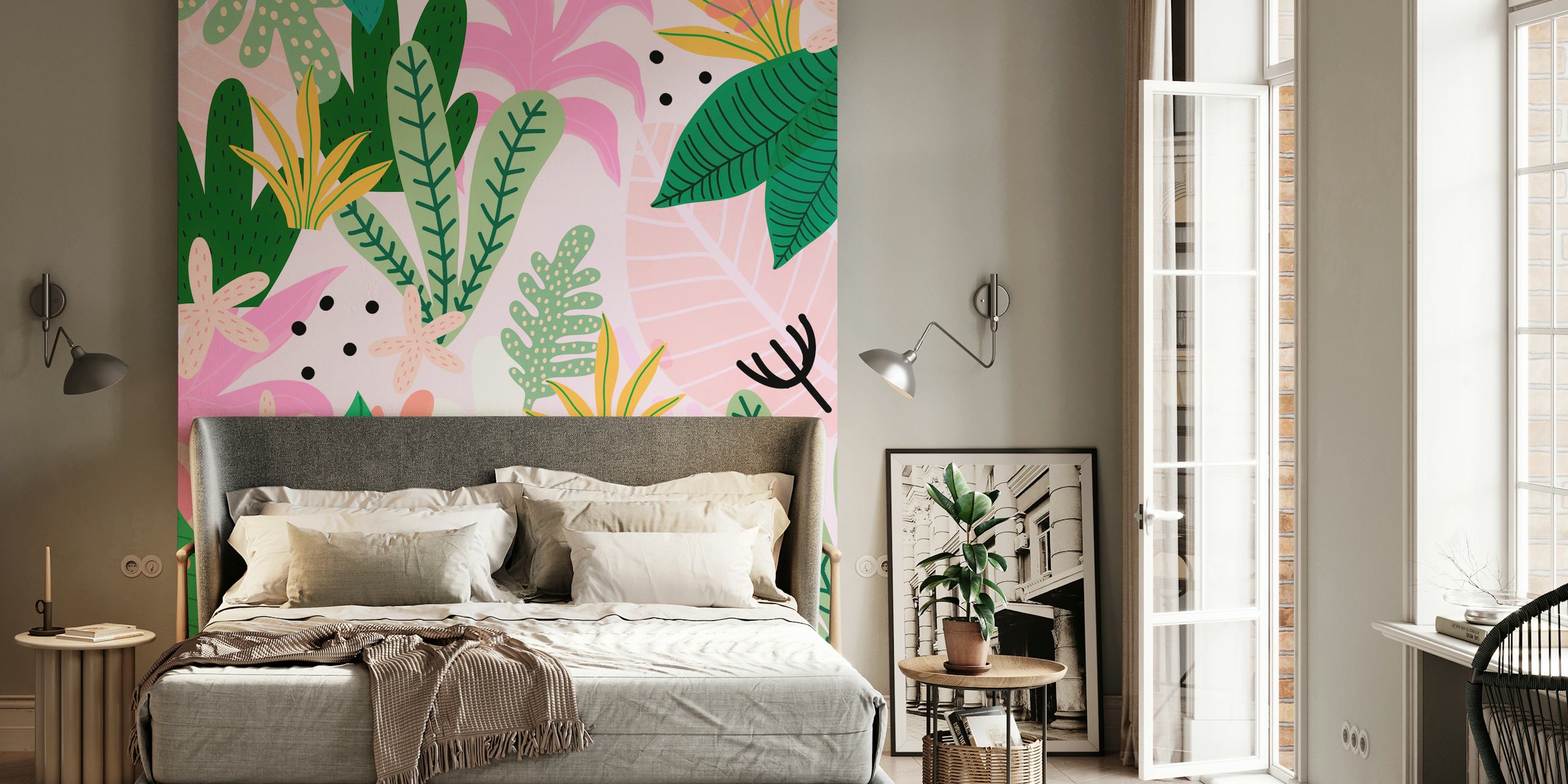 Tropical floral leaves in pink and green colors wallpaper