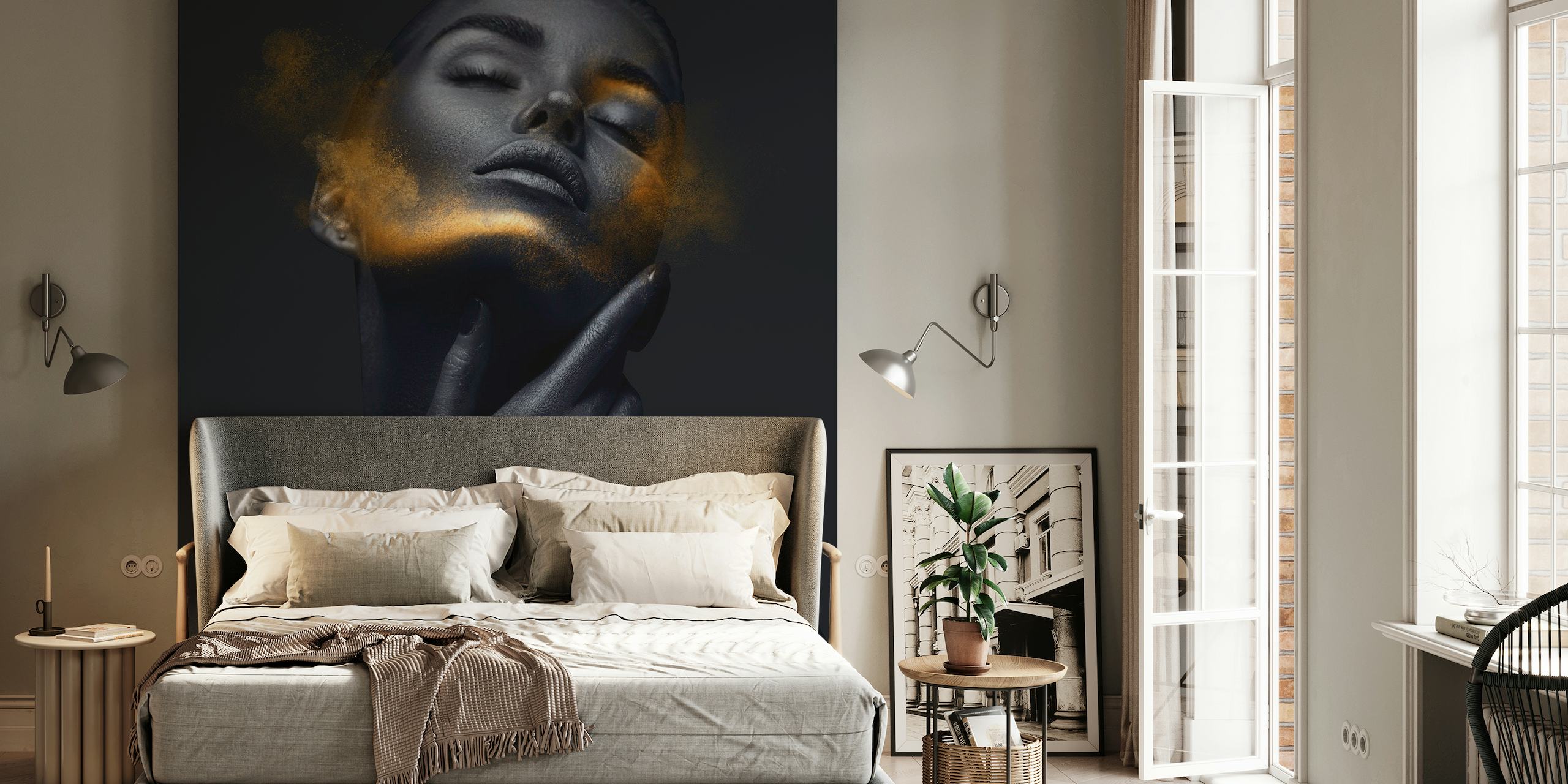 Gold Girl 3 wall mural with an artistic rendering of a woman in gold and black tones