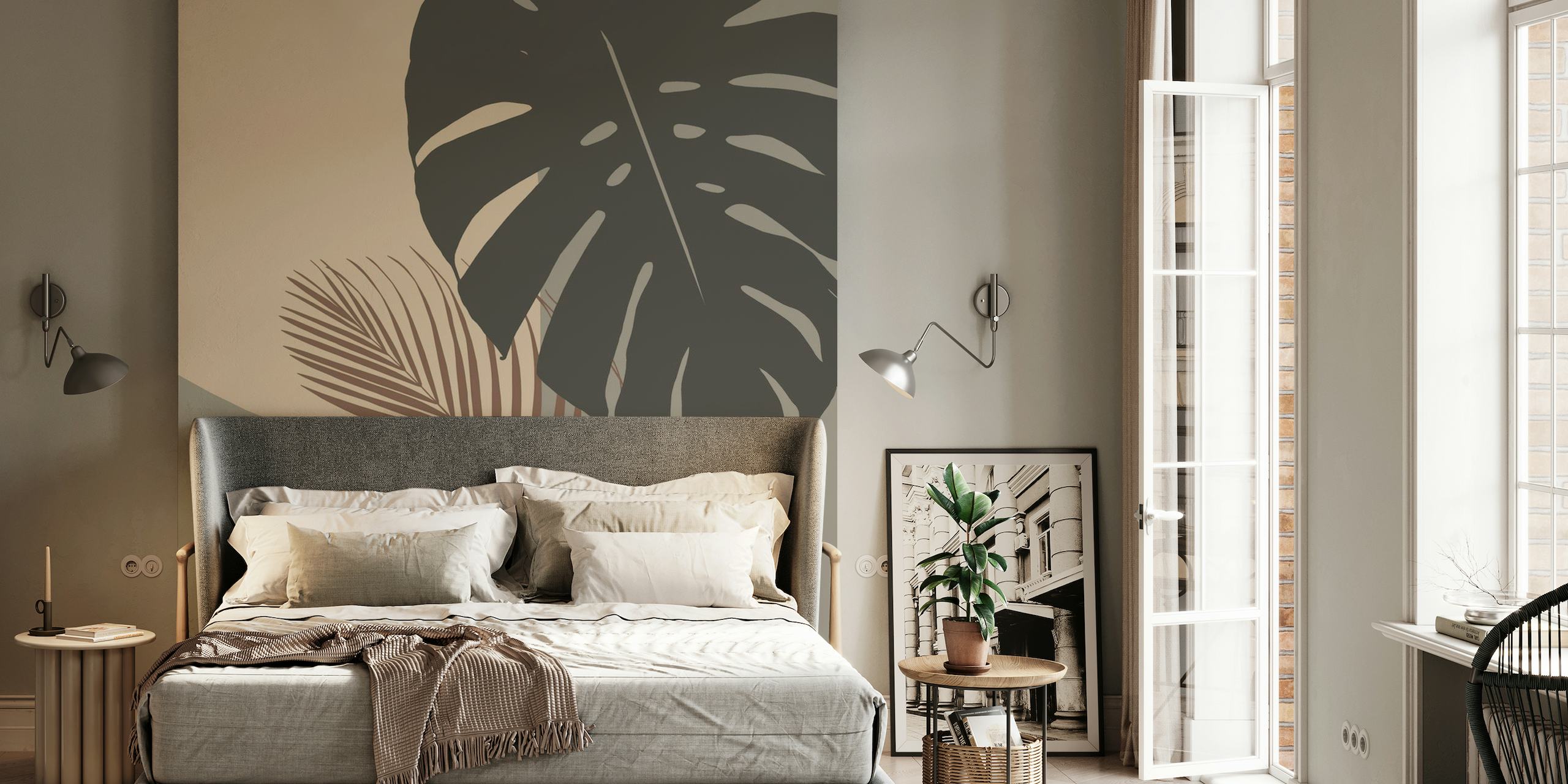 Fotomural minimalista con diseño de monstera y hojas de palma en tonos apagados
