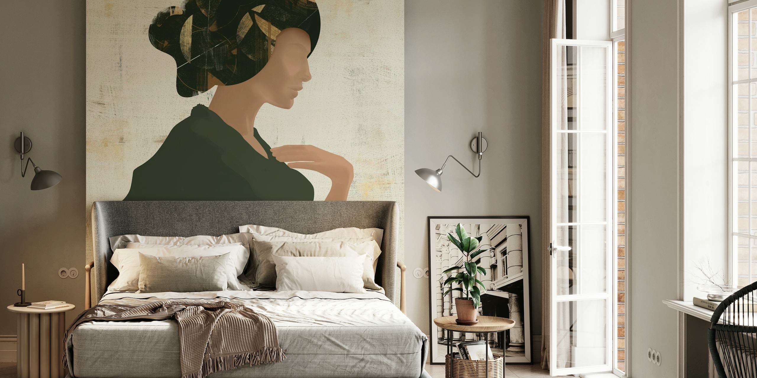 Elegant wall mural of a woman's silhouette in green on a beige background